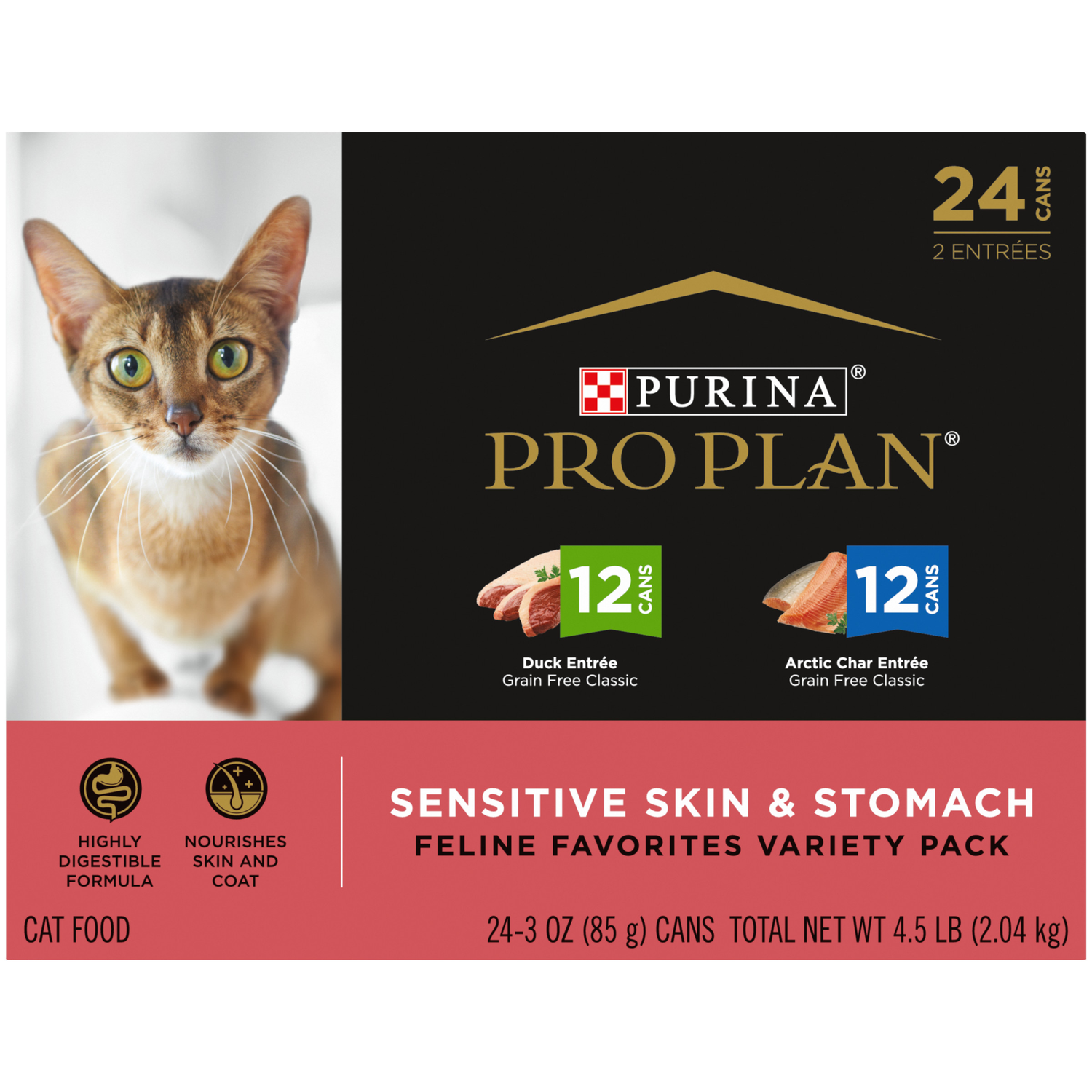 Purina Pro Plan Sensitive Skin And Stomach Wet Cat Food, Duck And Artic Char Pate Entrees Variety Pack, 3-Oz - 24 Pack