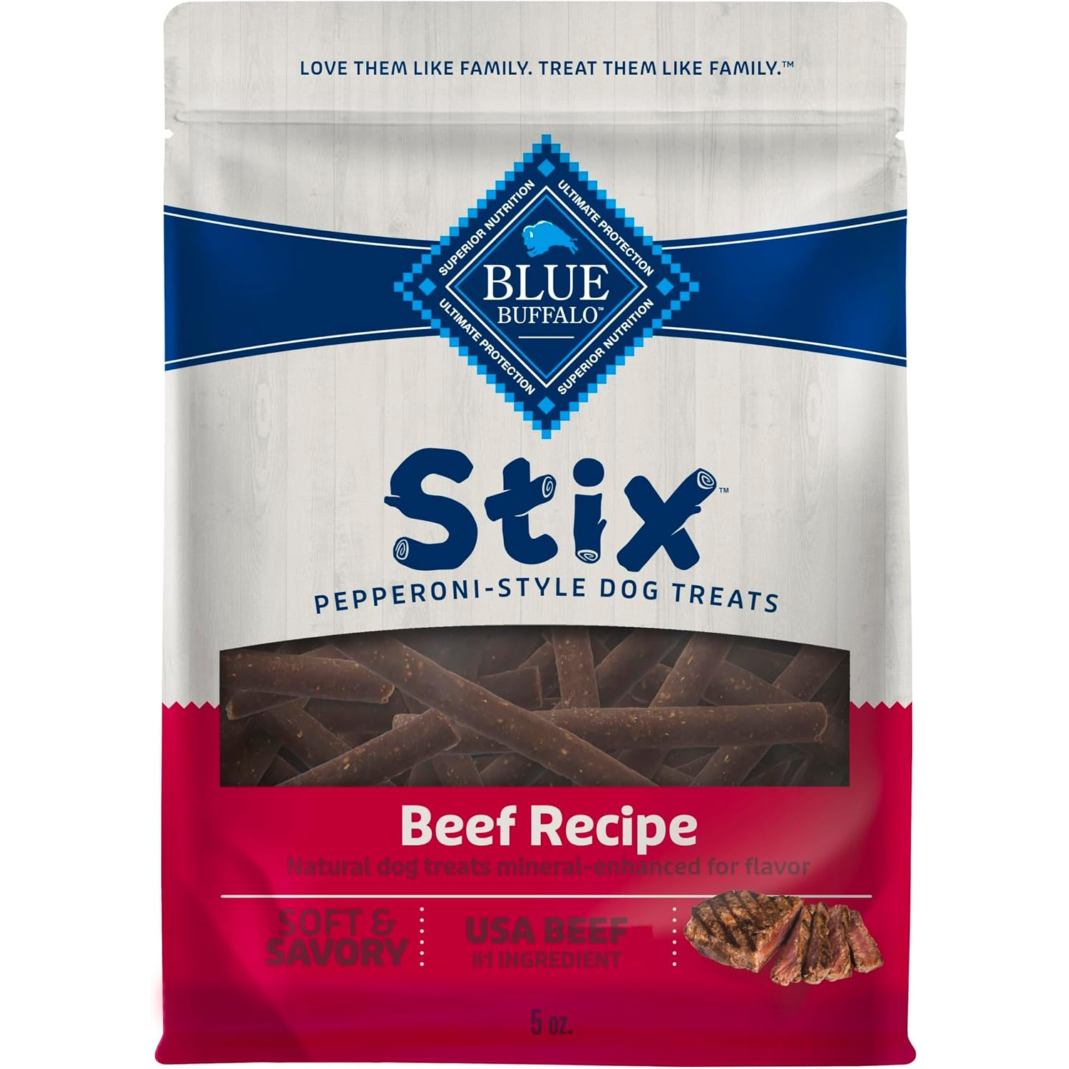 Blue Buffalo Stix Pepperoni-Style Soft & Chewy Dog Treats, Beef Recipe, 5-Oz Bag