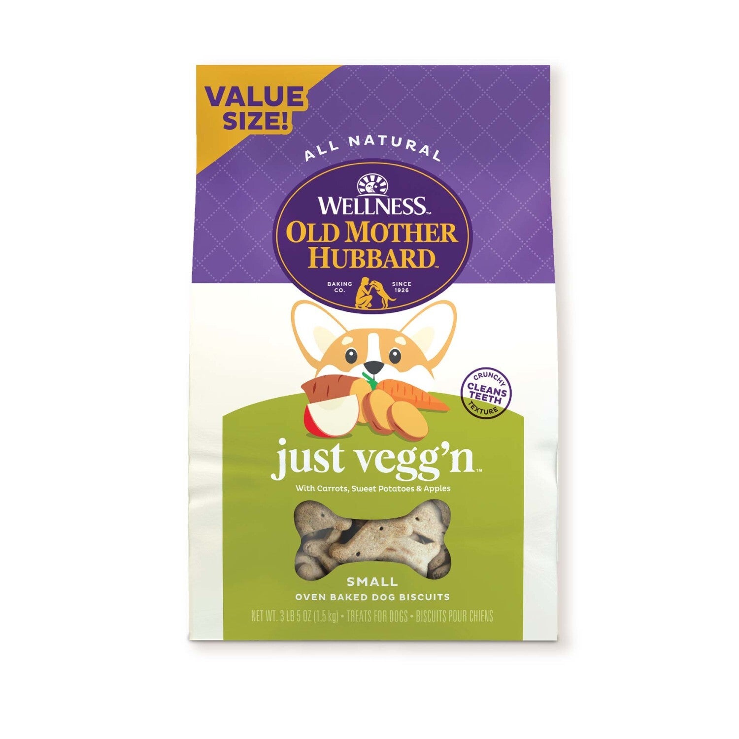 Wellness Old Mother Hubbard Just Vegg'n Dog Biscuits, Natural, Training Treats, Sweat Potato, Oats, Apples & Carrots Flavor, Small Size, 3.3 Pound Bag