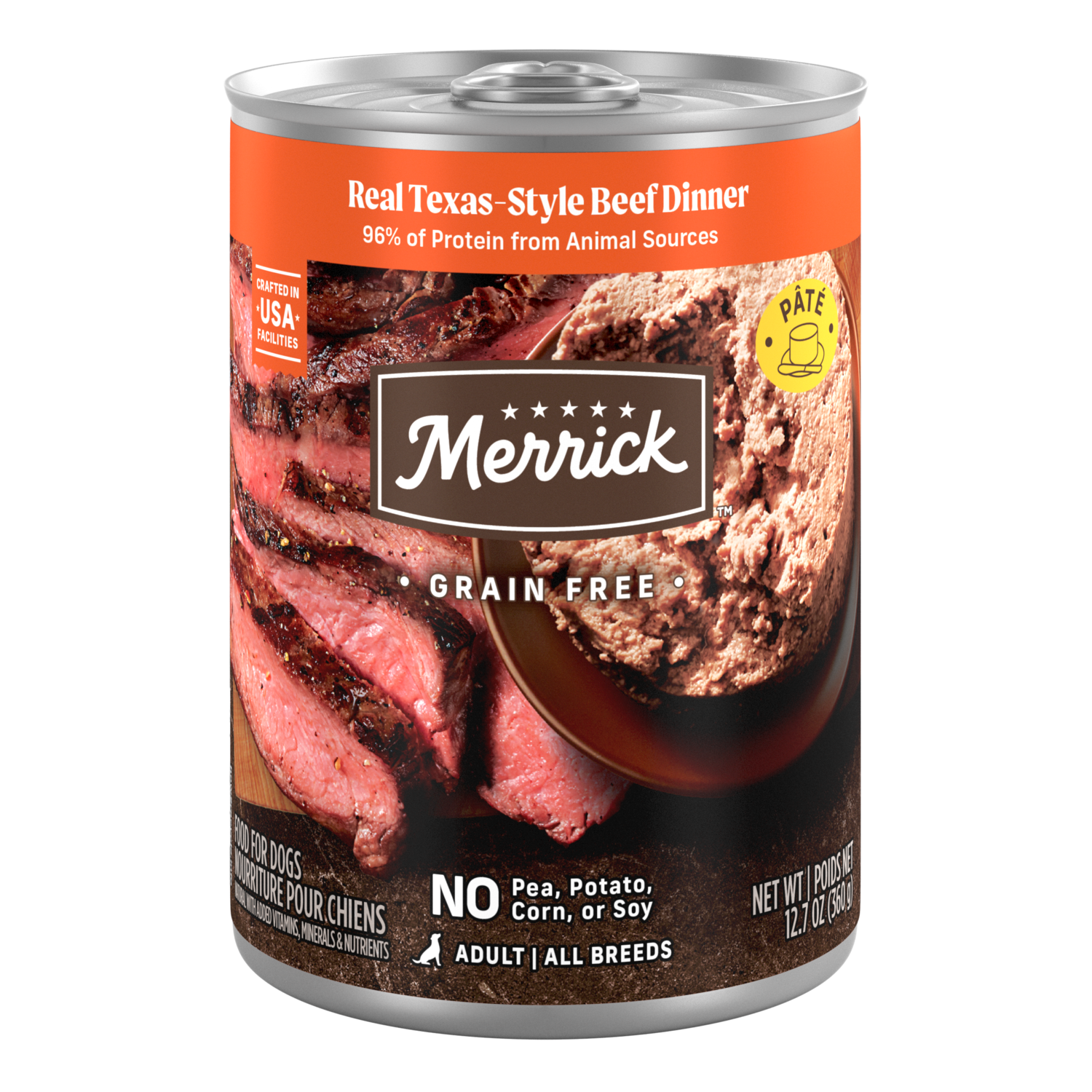 Merrick Grain-Free Premium And Natural Canned Soft And Healthy Wet Dog Food, Real Texas Beef Dinner Recipe, 12.7-Oz Can Pack Of 12