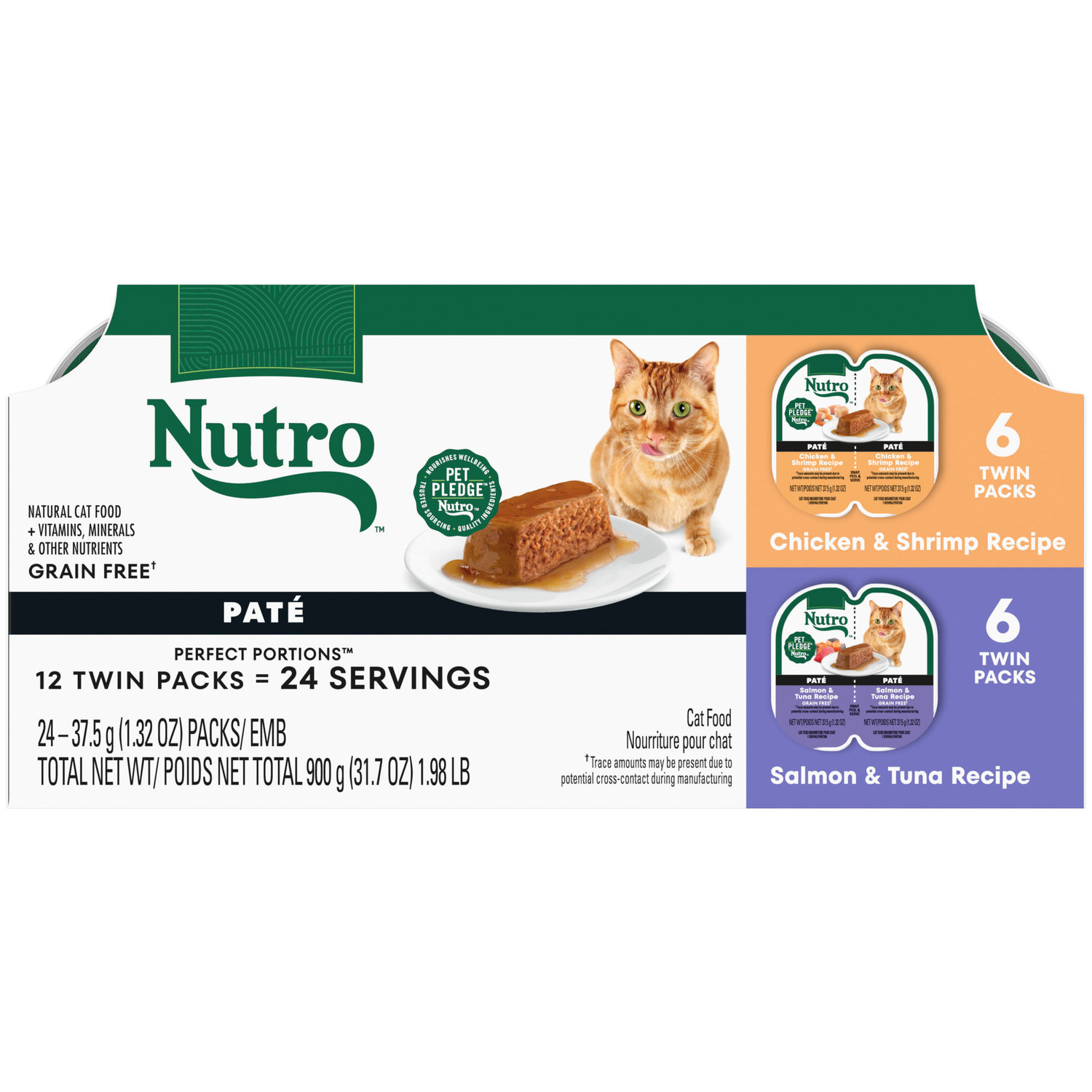 Nutro Perfect Portions Pate Adult Wet Cat Food Variety Pack, Chicken & Shrimp + Salmon & Tuna, 2.64-Oz 12 Twin Pack Trays