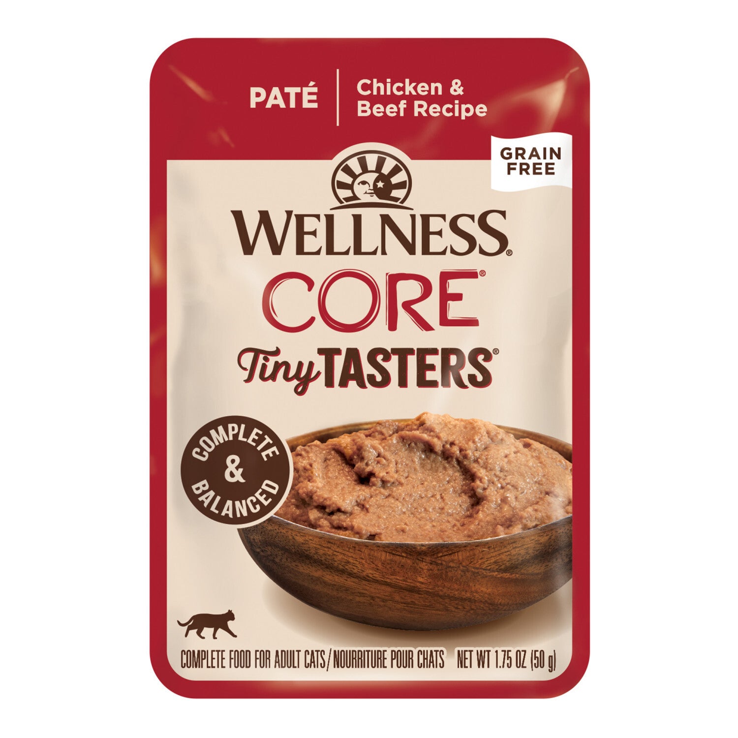 Wellness Core Tiny Tasters Pate Adult Wet Cat Food, Natural, Protein-Rich, Grain Free, 1.75 Ounce Pouch, 12 Pack - Chicken & Beef Recipe