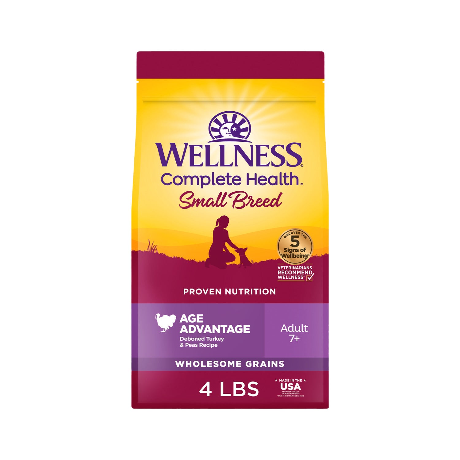 Wellness Complete Health Senior Dry Dog Food, Small Breed, Wholesome Grains, Natural, Age Advantage Turkey & Peas Recipe, 4-Pound Bag