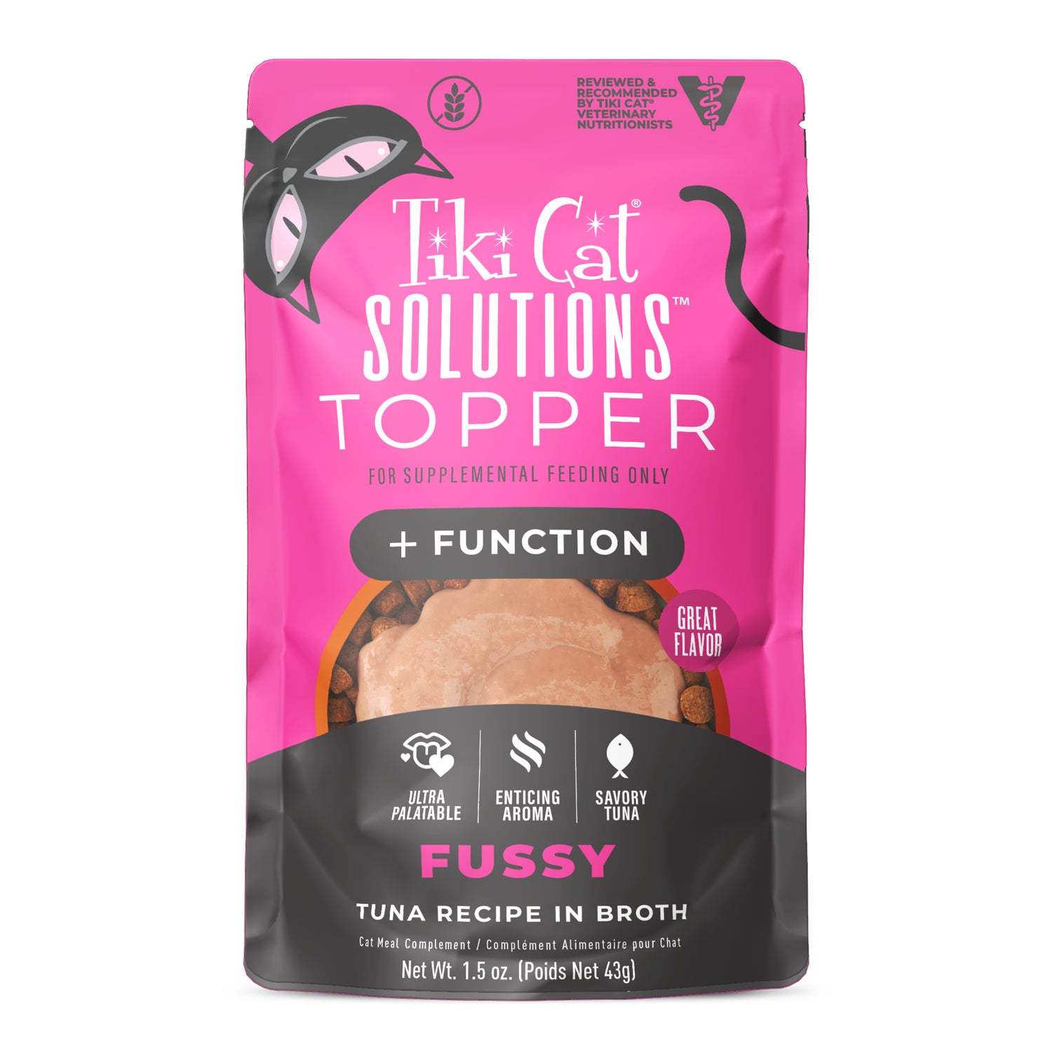 Tiki Cat Solutions Topper, Fussy, Tuna Recipe In Broth, 1.5-Oz Pouch Pack Of 12