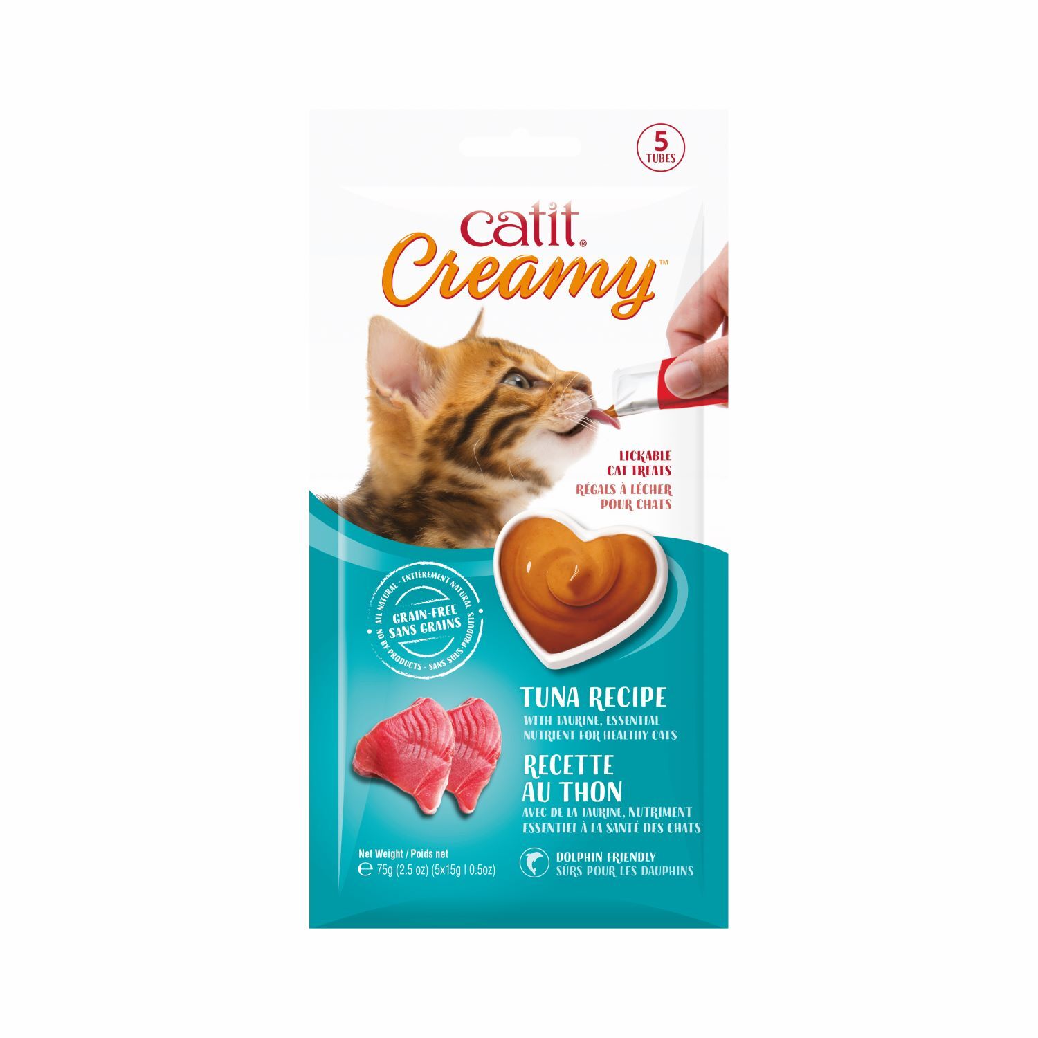 Catit Creamy Grain-Free Lickable Cat Treats, Tuna, 5-0.5Oz Tubes