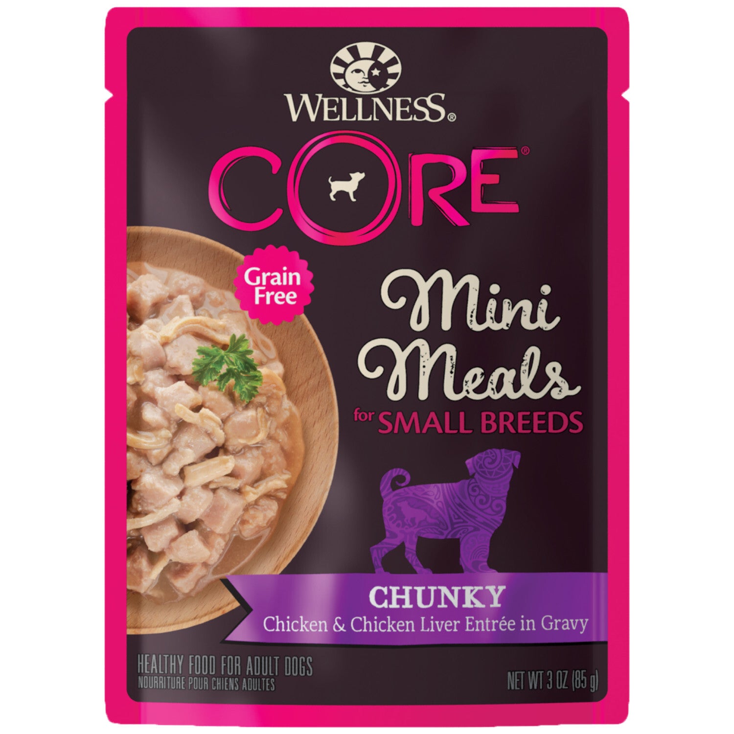 Wellness Core Natural Grain Free Small Breed Mini Meals Wet Dog Food, Chunky Chicken & Chicken Liver Entrée In Gravy, 3-Ounce Pouch