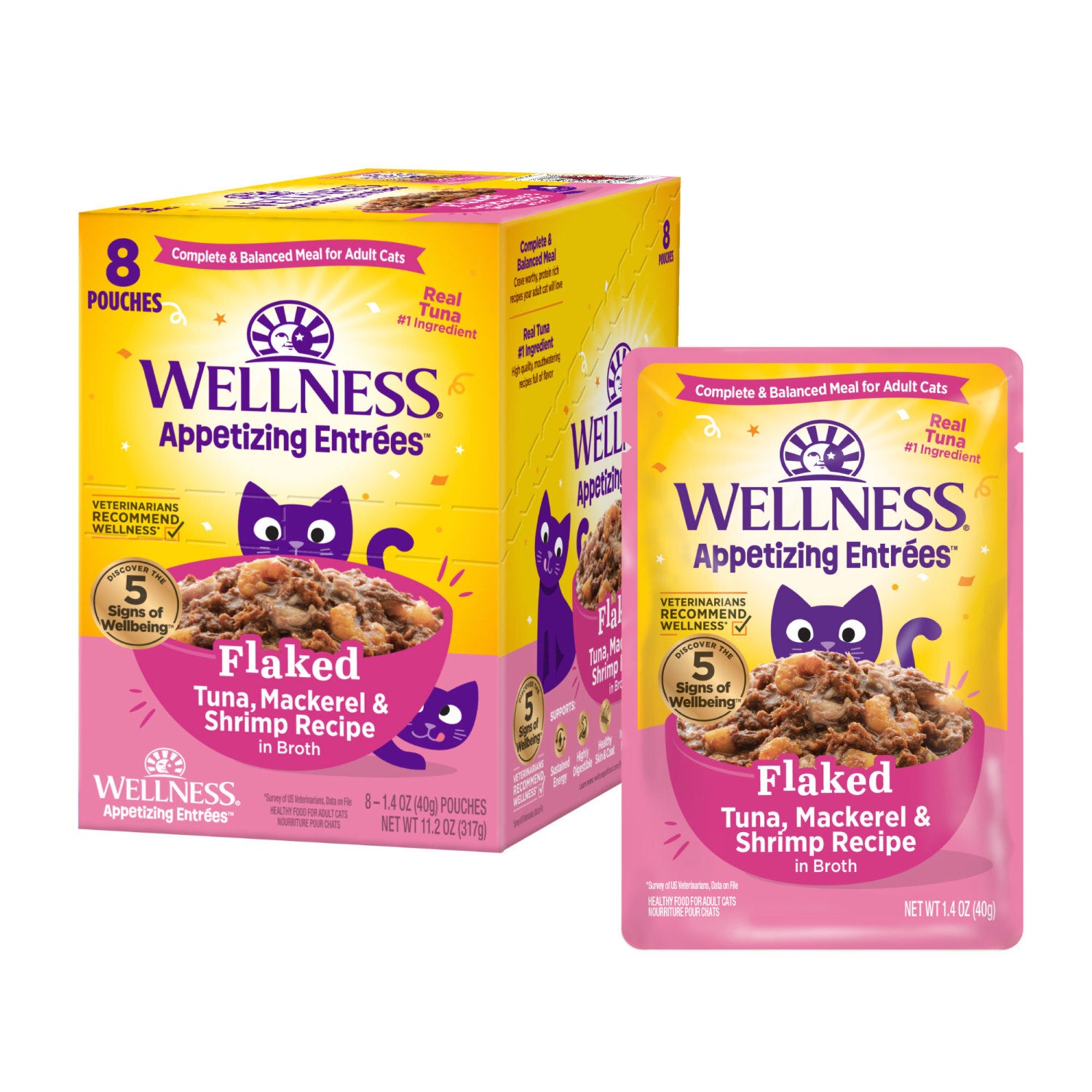 Wellness Appetizing Entrées Flaked Adult Wet Cat Food, Natural, Protein-Rich, Grain Free Tuna, Mackerel & Shrimp Recipe, 1.4-Ounce Pouch