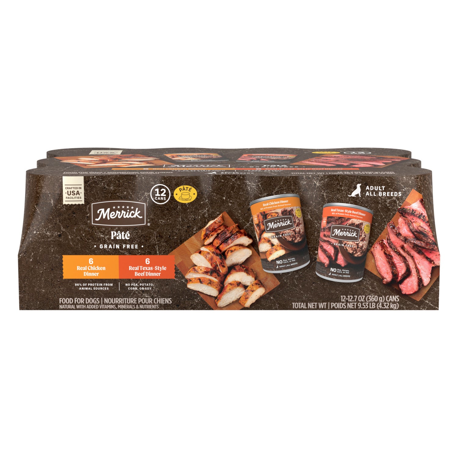 Merrick Grain-Free Premium And Natural Wet Dog Food, Real Beef And Chicken Variety Pack 12-12.7-Oz Cans