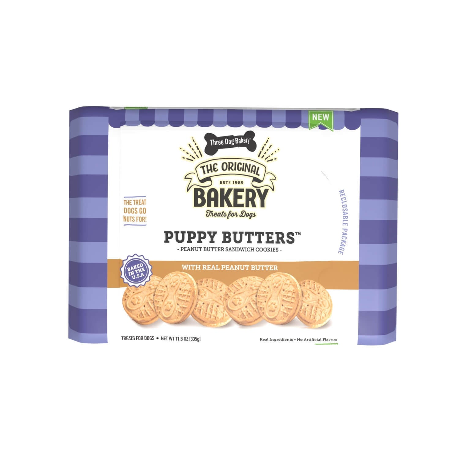 Three Dog Bakery Puppy Butters Peanut Butter Sandwich Cookies Dog Treats, 11.8-Oz