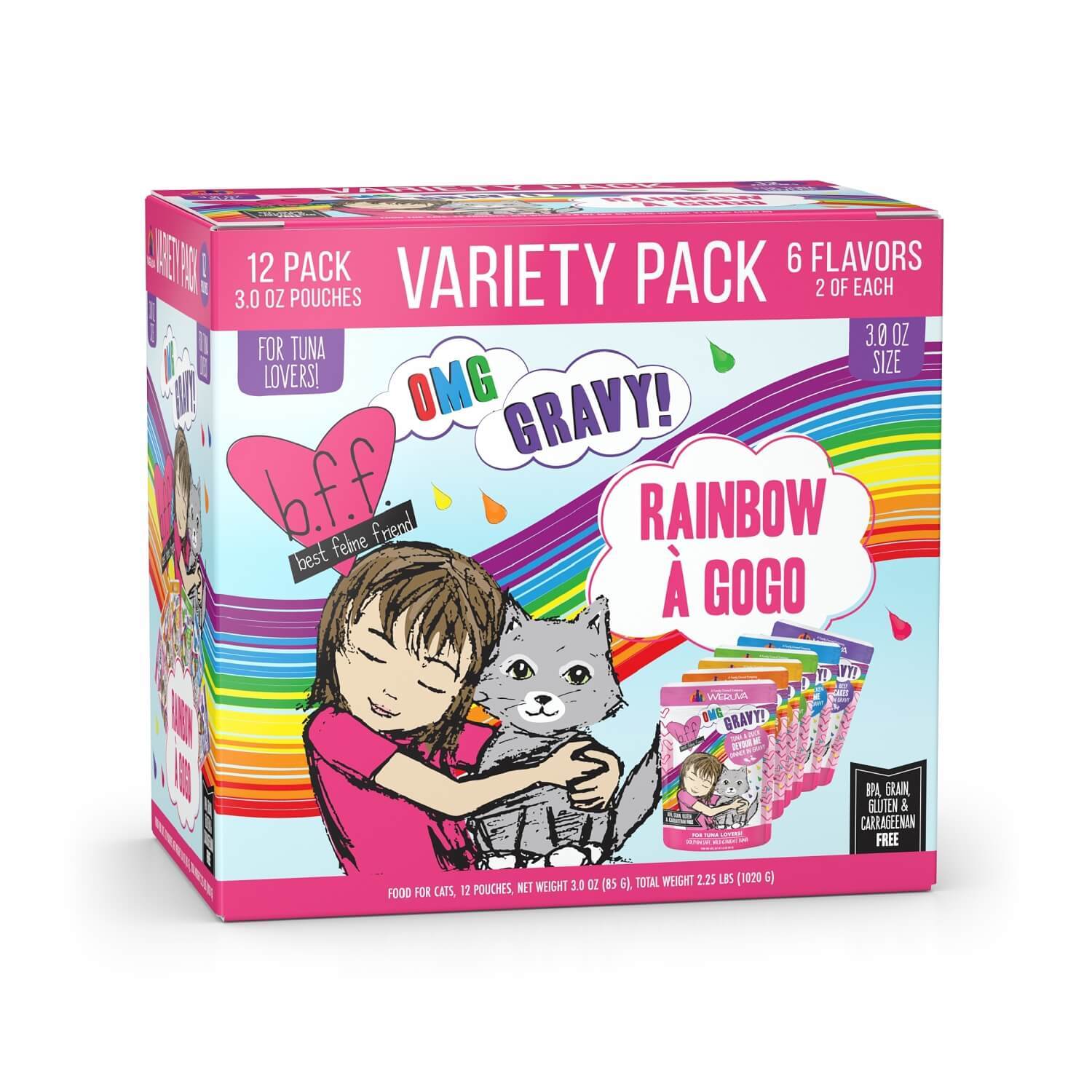 Weruva B.F.F. Omg - Best Feline Friend Oh My Gravy!, Rainbow A Gogo Variety Pack! Wet Cat Food By , 12 - 3Oz Pouches