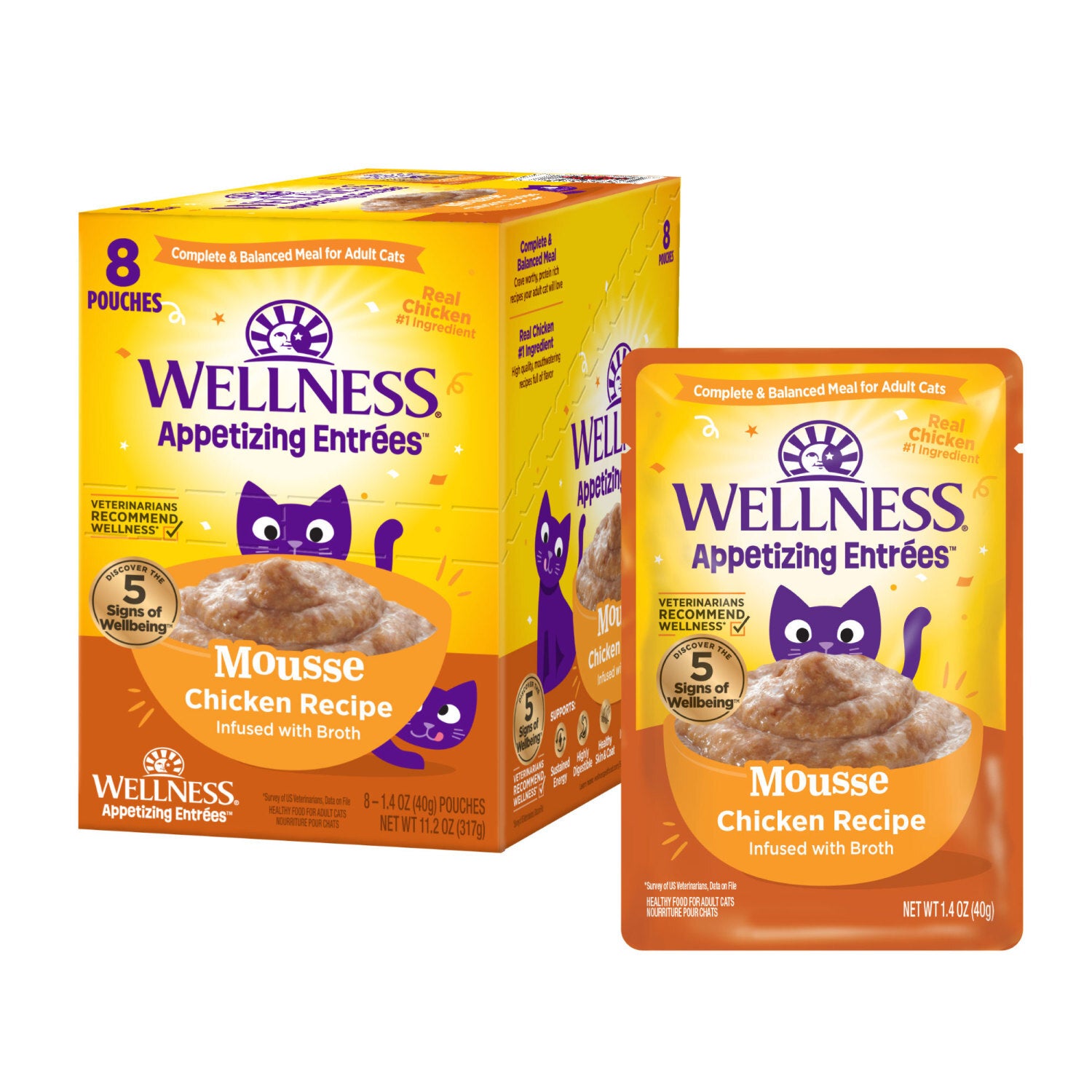 Wellness Appetizing Entrées Mousse Adult Wet Cat Food, Natural, Protein-Rich, Grain Free, 1.4 Ounce Pouch Pack Of 8, Chicken Recipe