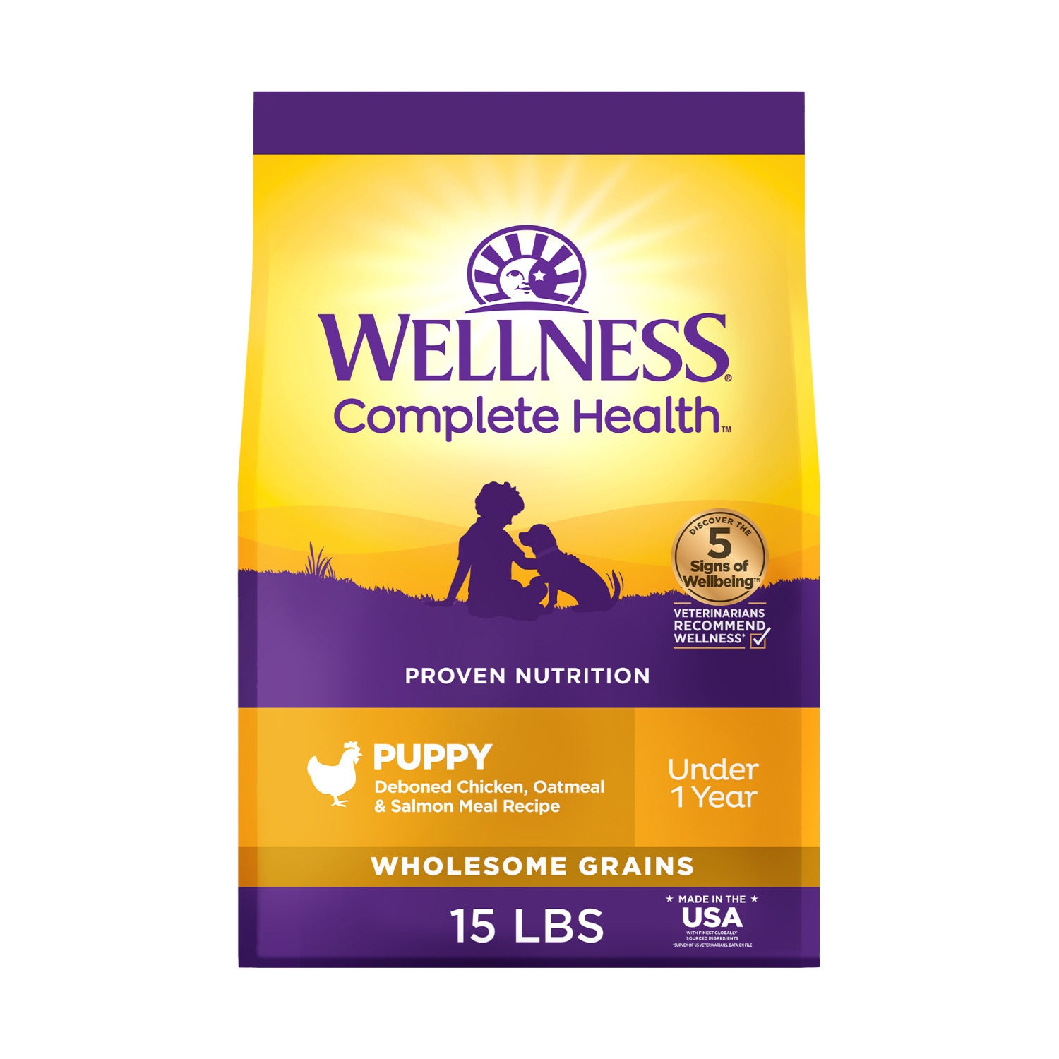 Wellness Complete Health Puppy Dry Dog Food, Wholesome Grains, Natural, Chicken, Oatmeal, & Salmon Recipe, 15-Pound Bag