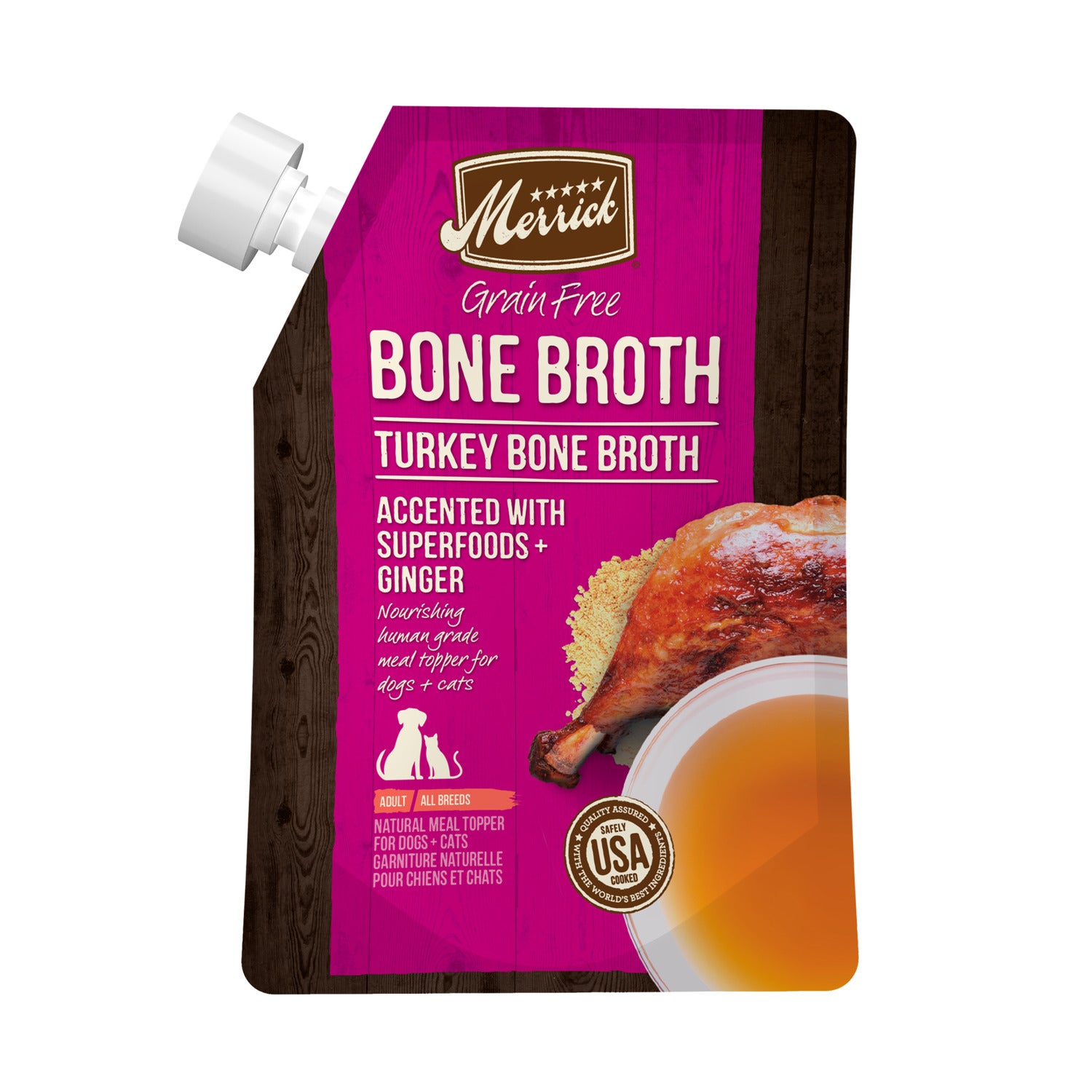 Merrick Grain-Free Bone Broth, Premium Human Grade And Gluten Free Dog And Cat Food Topper Pouches, Turkey, 16-Oz Pouch