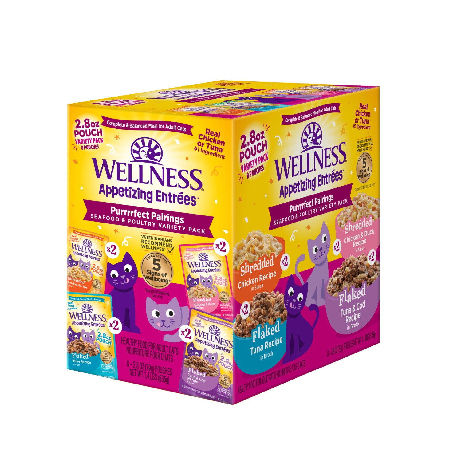 Wellness Appetizing Entrees Flaked & Shredded Adult Protein-Rich Grain-Free Wet Cat Food, Seafood & Poultry Variety Pack, 2.8-Oz Pouch Pack Of 8