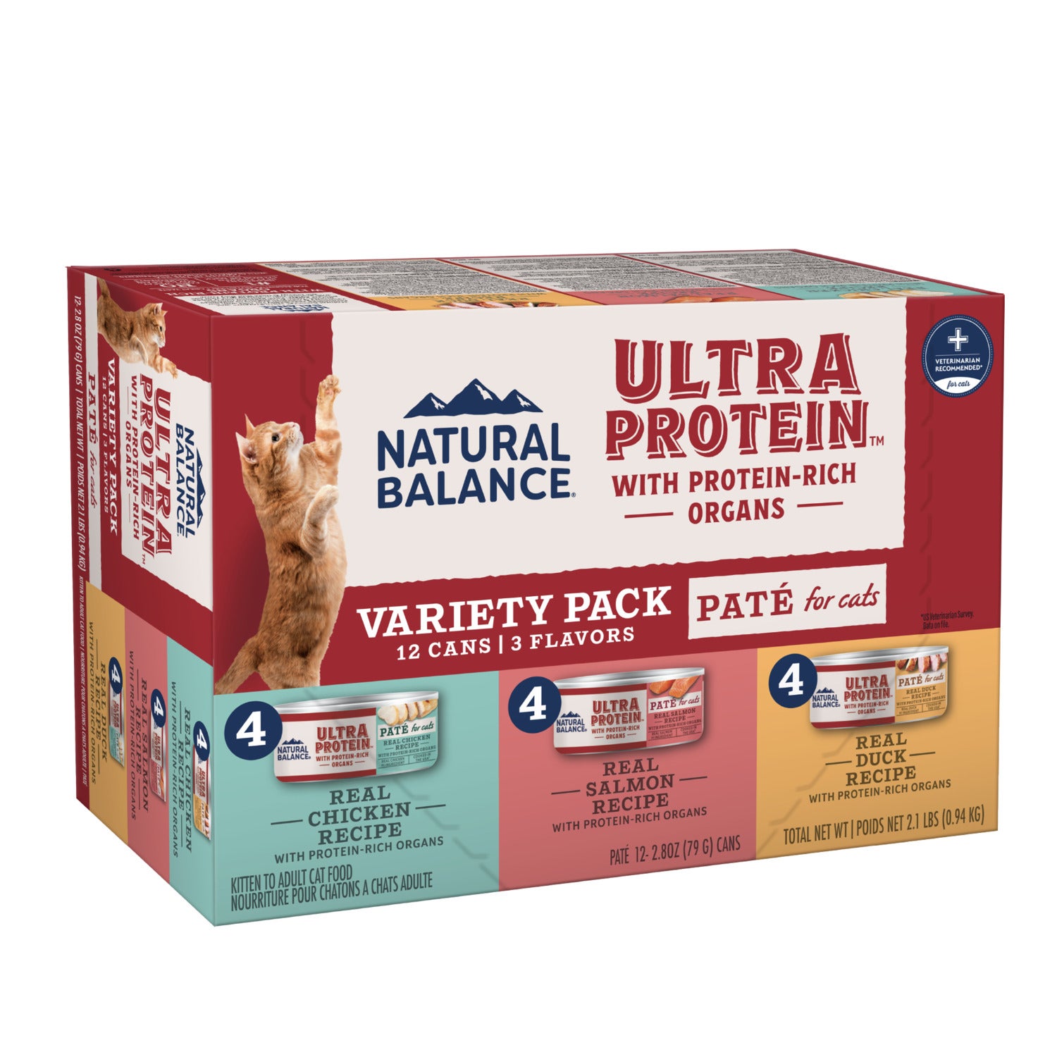 Natural Balance Ultra Protein Wet Cat Food, Pate Variety Pack – Chicken, Duck And Salmon, 2.8-Oz., Case Of 12