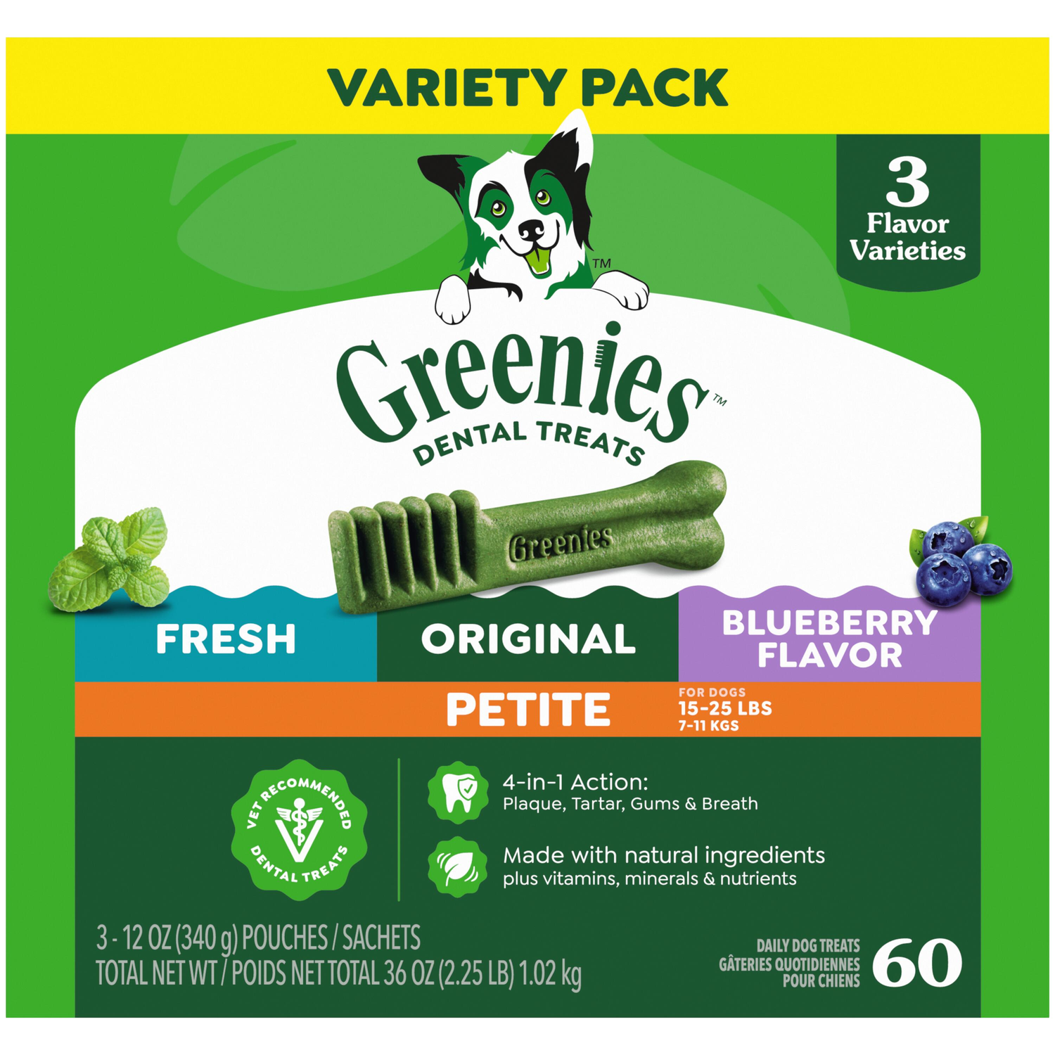 Greenies Petite Fresh, Original, & Blueberry Flavor Variety Pack Dental Dog Treats, 60 Count