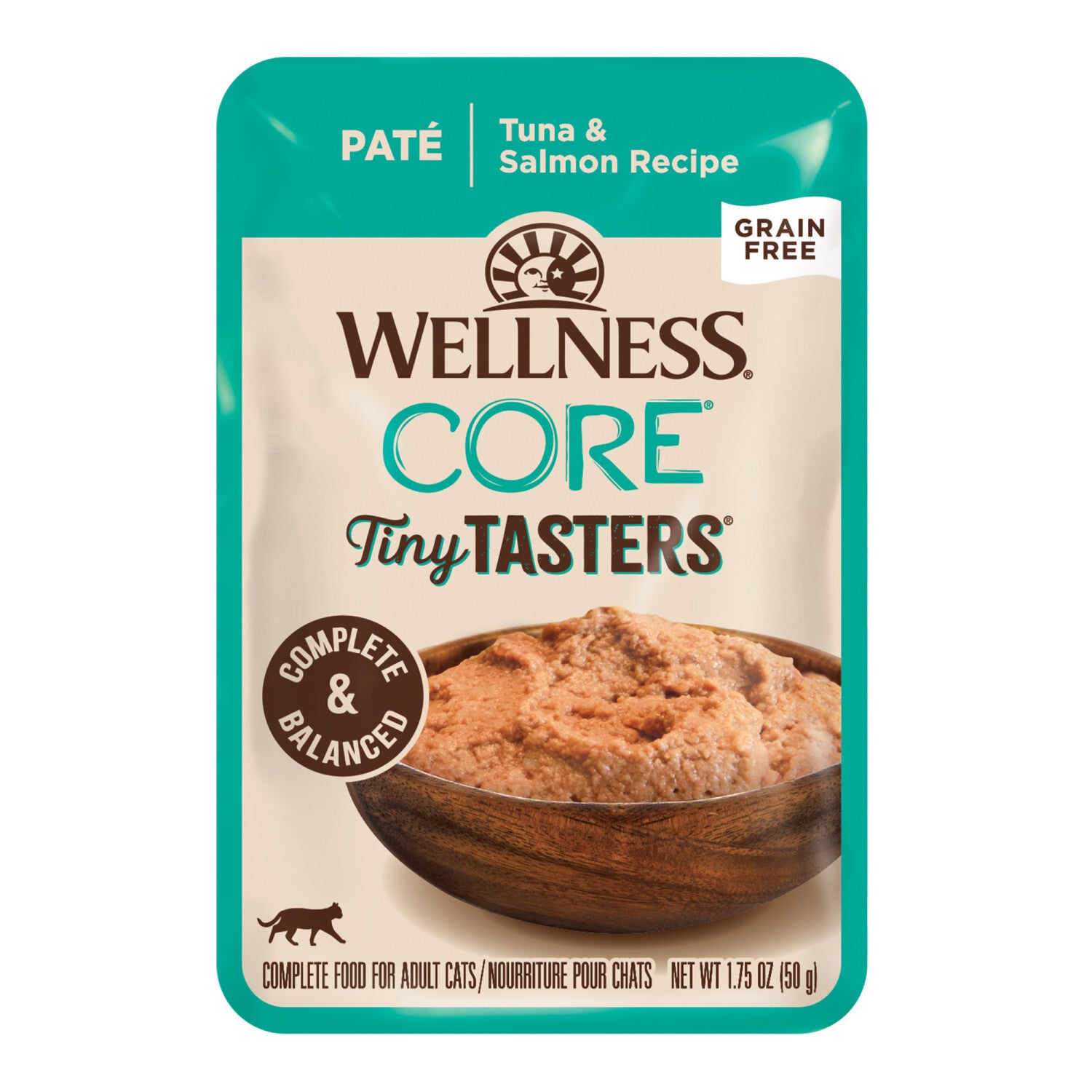 Wellness Core Tiny Tasters Pate Adult Wet Cat Food, Natural, Protein-Rich, Grain-Free Tuna & Salmon Recipe, 1.75-Ounce Pouch, 12 Pack
