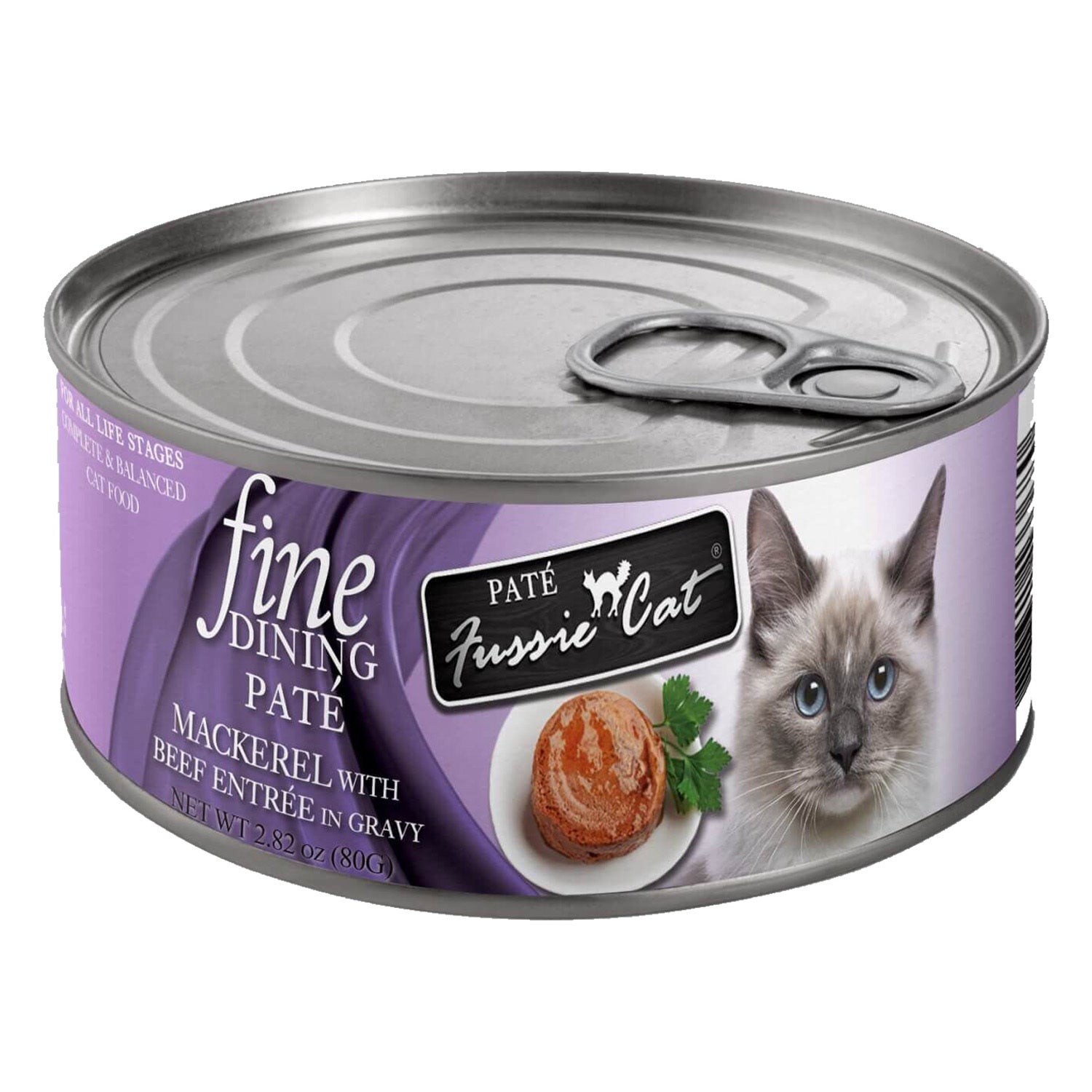 Fussie Cat Fine Dining Pate Mackerel With Beef In Gravy Recipe Wet Cat Food, 2.8 Oz