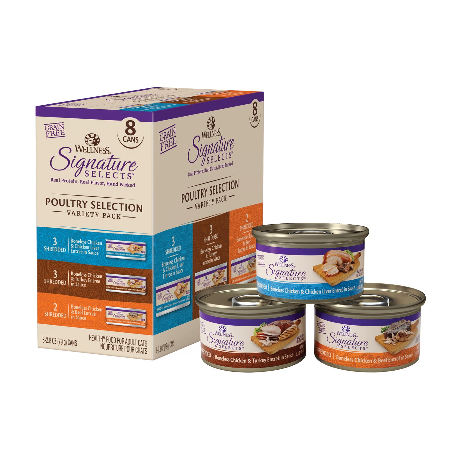 Wellness Core Signature Selects Shredded Adult Wet Cat Food, Natural, Protein-Rich, Grain Free, 2.8-Ounce, 8-Pack, Poultry Variety Pack