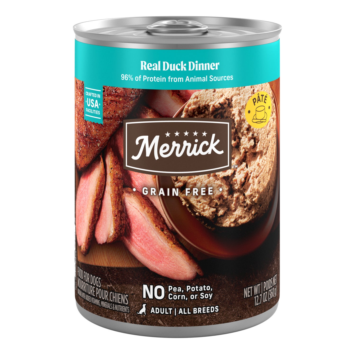 Merrick Grain-Free Premium And Natural Wet Dog Food, Real Duck Dinner Recipe, 12.7-Oz Can