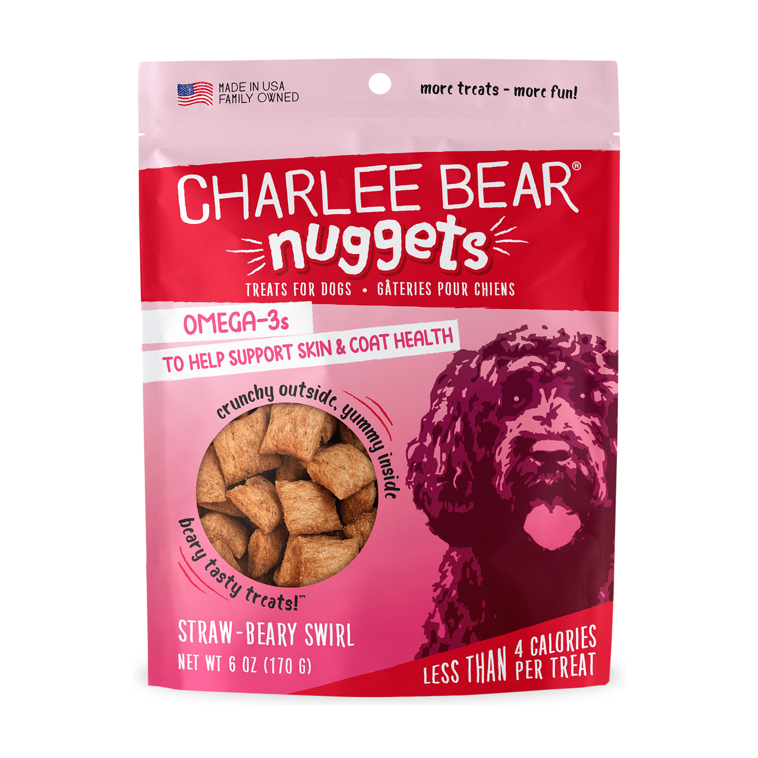 Charlee Bear Nuggets Grain-Free Crunchy Skin & Coat Dog Treats, Straw-Beary Swirl, 6-Oz