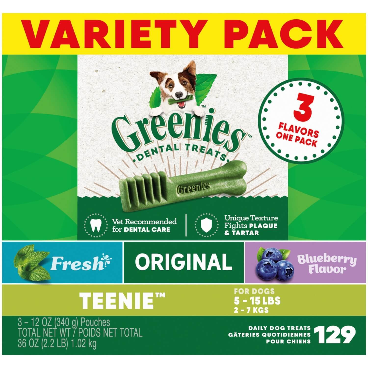 Greenies Natural Dental Care Dog Treats, Teenie , 3 Flavor Variety Pack