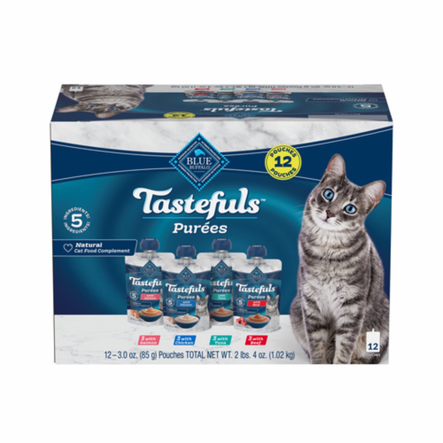 Blue Buffalo Tastefuls Purées Wet Cat Food, Chicken, Salmon, Tuna & Beef Variety Pack, 3-Oz-Pouch Pack Of 12