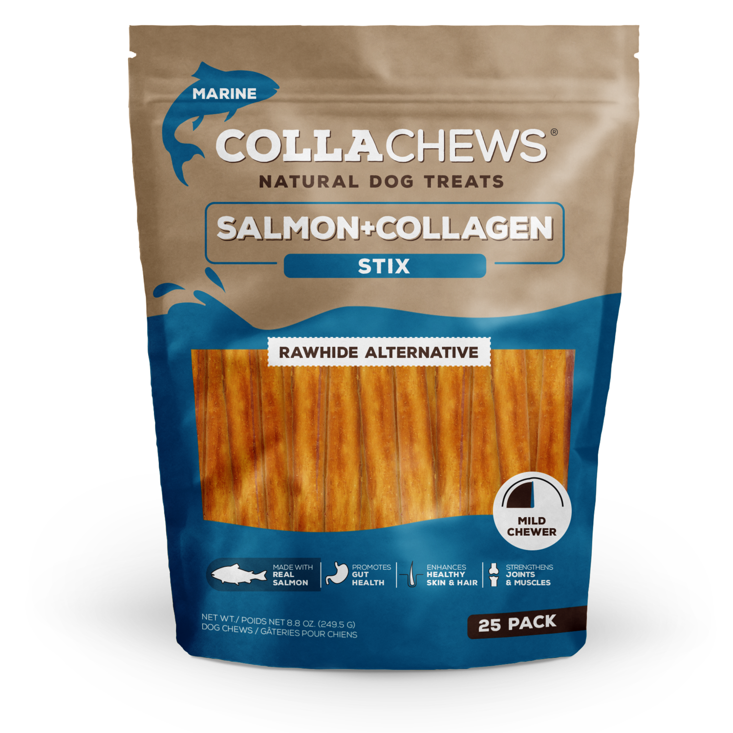 Collachews 5 Salmon Collagen Sticks Rawhide Alternative Dog Treats - 25 Pack
