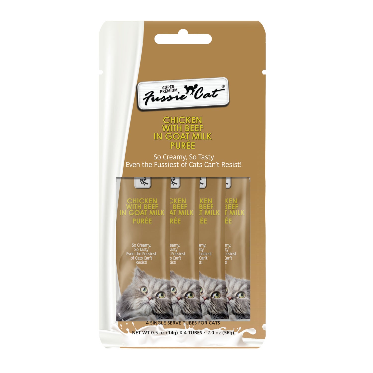 Fussie Cat Super Premium Chicken With Beef In Goat Milk Puree Lickable Cat Treat, 4-2Oz Tubes