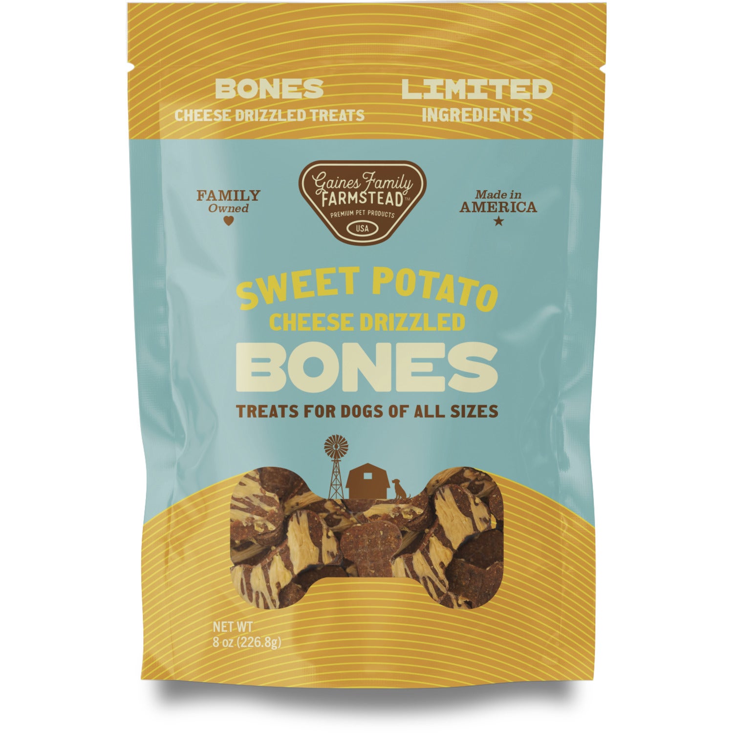 Gaines Family Farmstead Cheese Drizzled Sweet Potato Bones Dog Treats, 8-Oz Bag