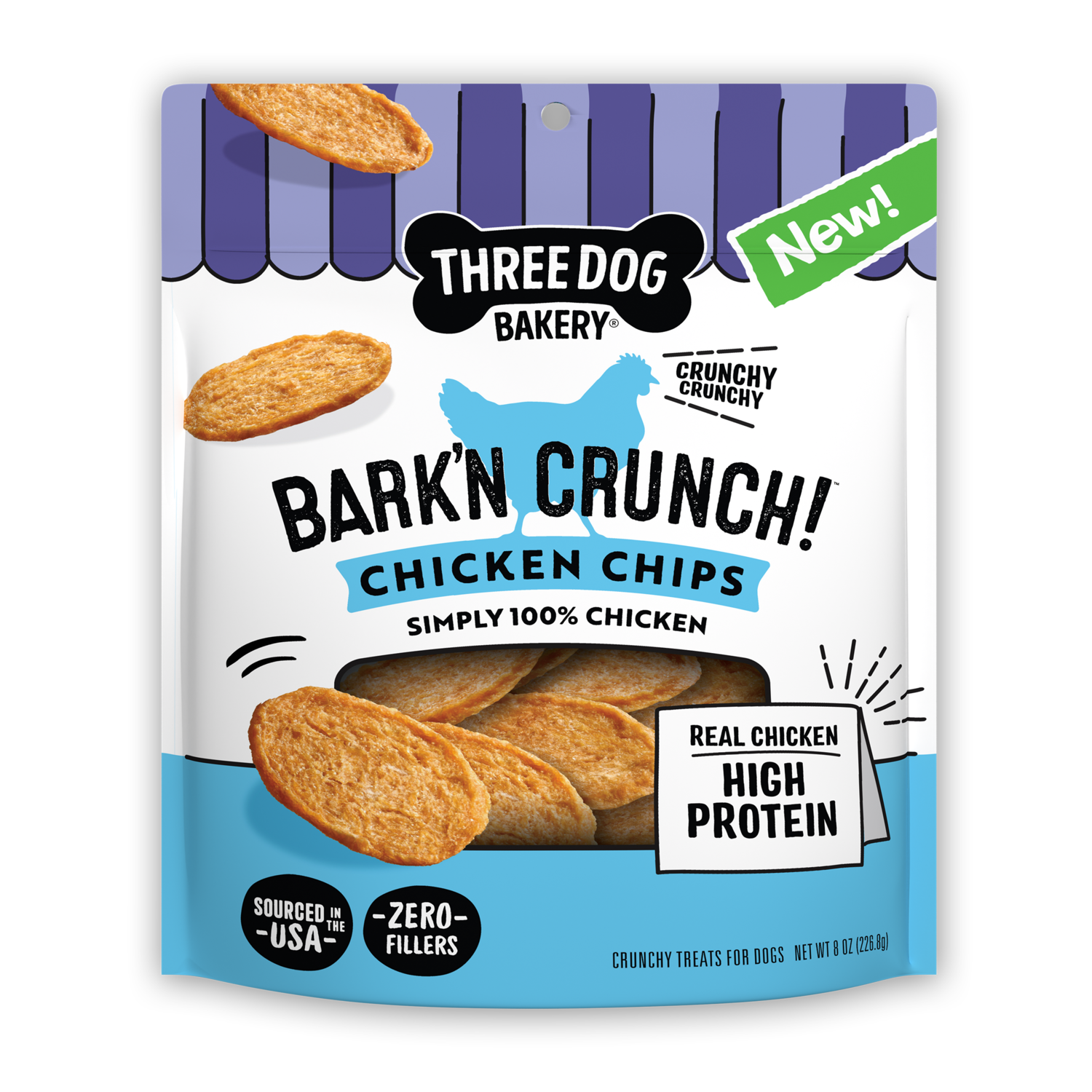 Three Dog Bakery Bark'n Crunch Single Ingredient Chicken Chips Air-Dried Dog Treats, 4-Oz Bag
