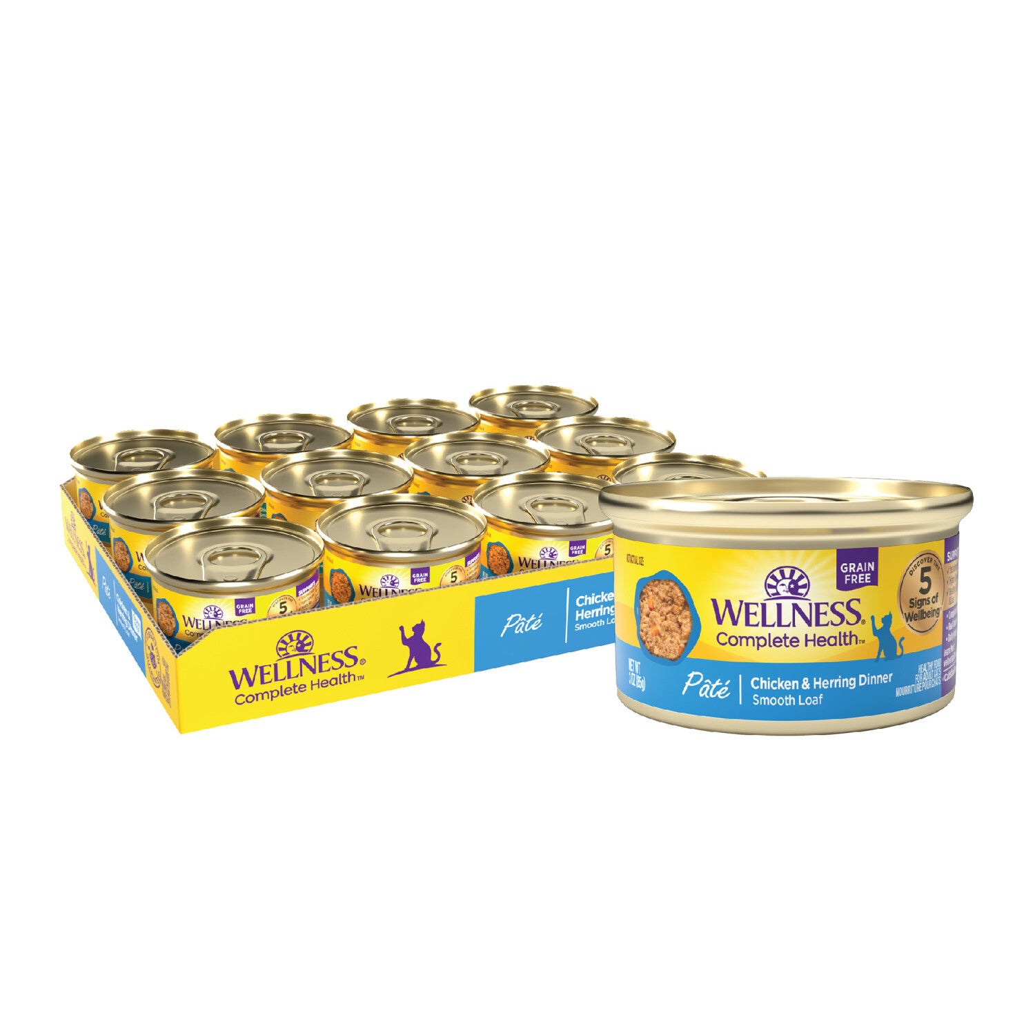 Wellness Complete Health Pate Adult Wet Cat Food, Natural, Protein-Rich, Grain Free, 5.5 Ounce, Chicken & Herring