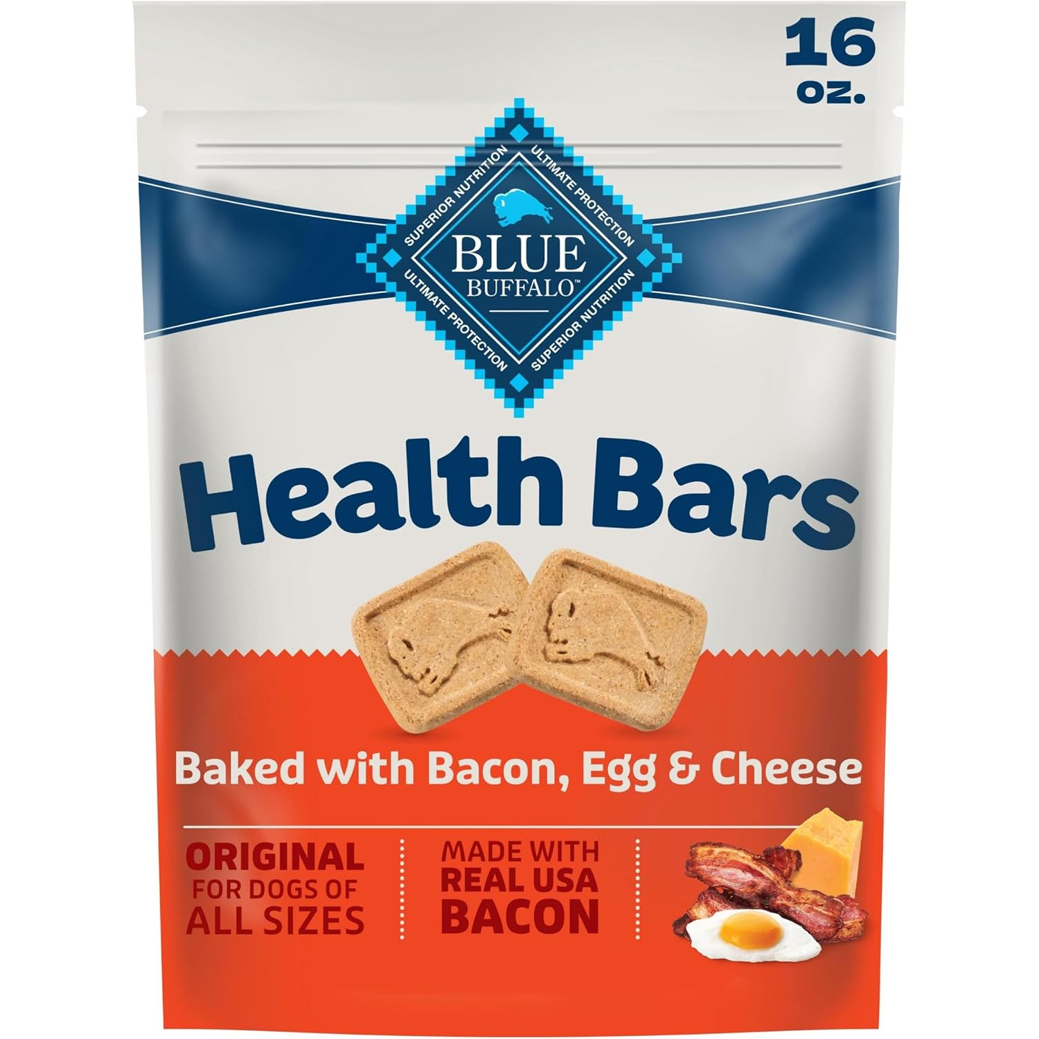 Blue Buffalo Health Bars Baked With Bacon, Egg & Cheese Biscuits Dog Treats, 16-Oz
