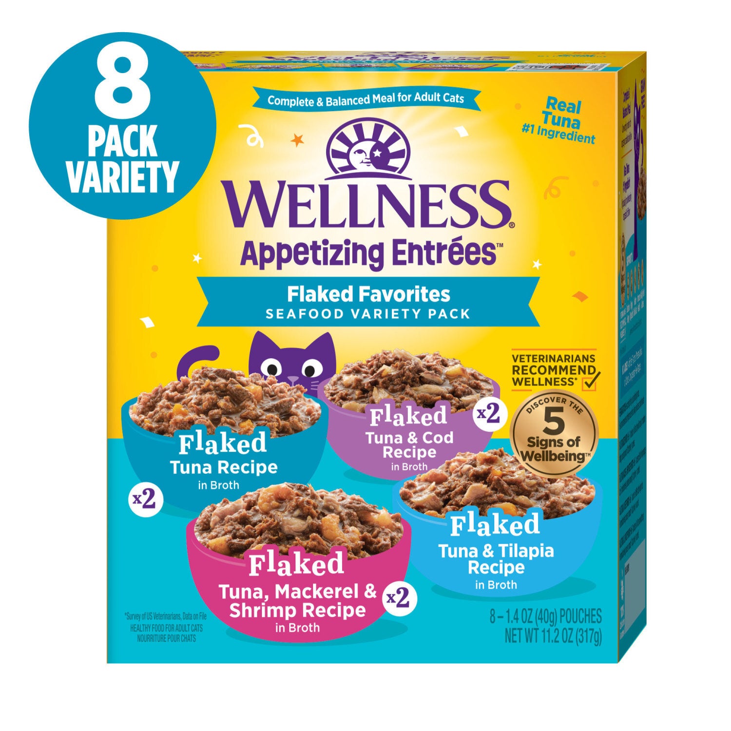 Wellness Appetizing Entrees Flaked Adult Wet Cat Food, Natural, Protein-Rich, Grain-Free, 1.4-Oz Pouch 8-Pack, Seafood Variety Pack