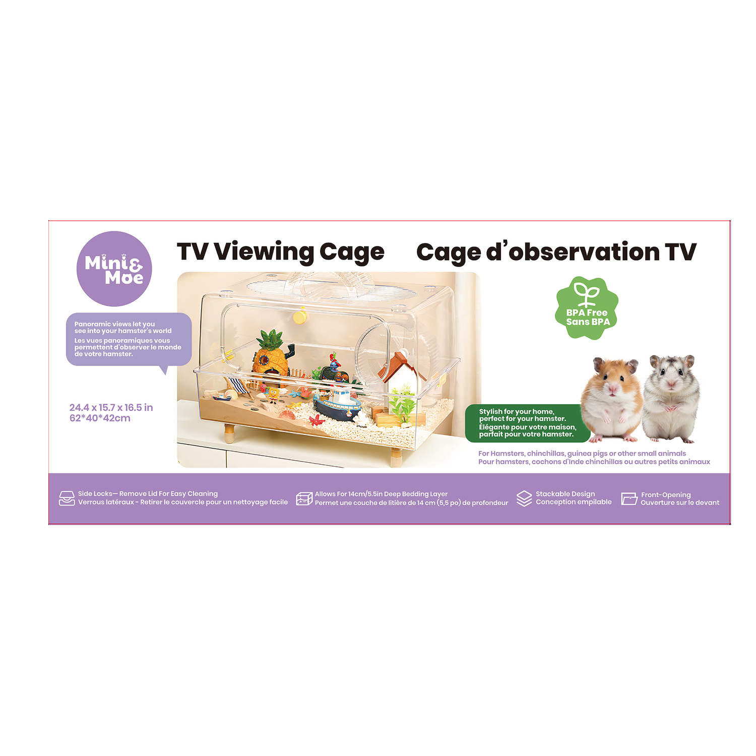 Mini & Moe Tv Viewing Hamster Cage, Transparent, 24 By 15 By 16