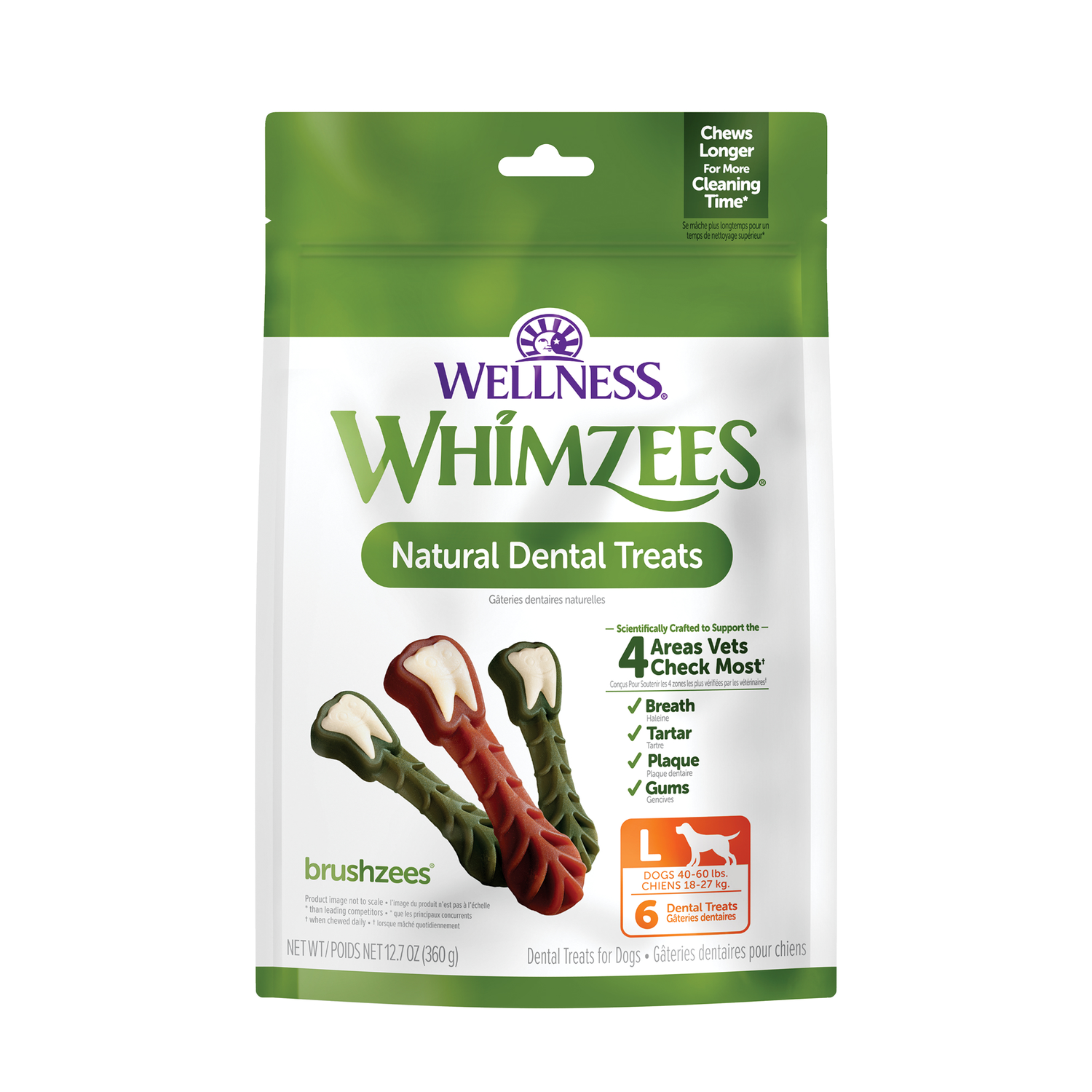 Whimzees Brushzees Natural Grain-Free Dental Dog Treats, Large, 6 Count
