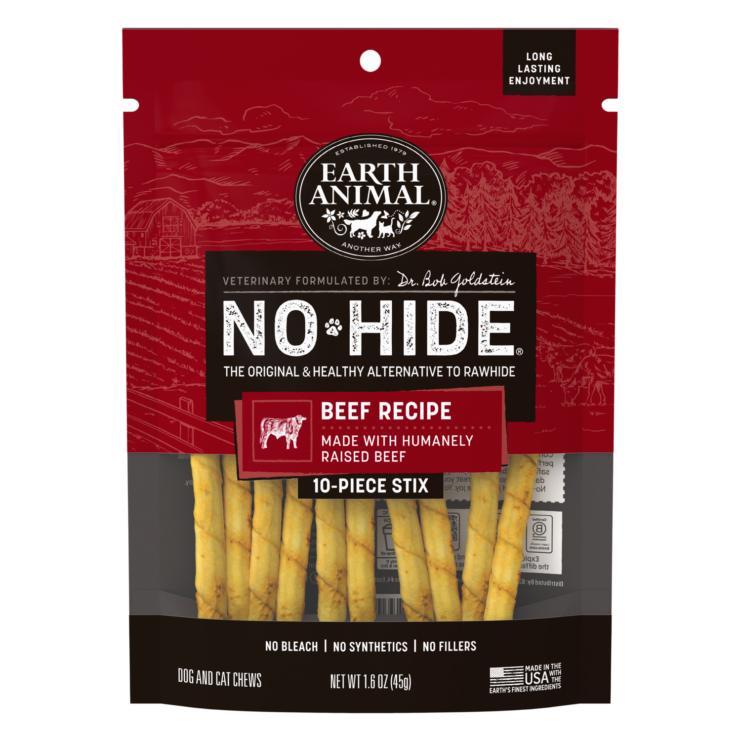 Earth Animal No-Hide Rawhide Alternative Dog & Cat Treat Stix, Grass-Fed Beef, 10-Pack