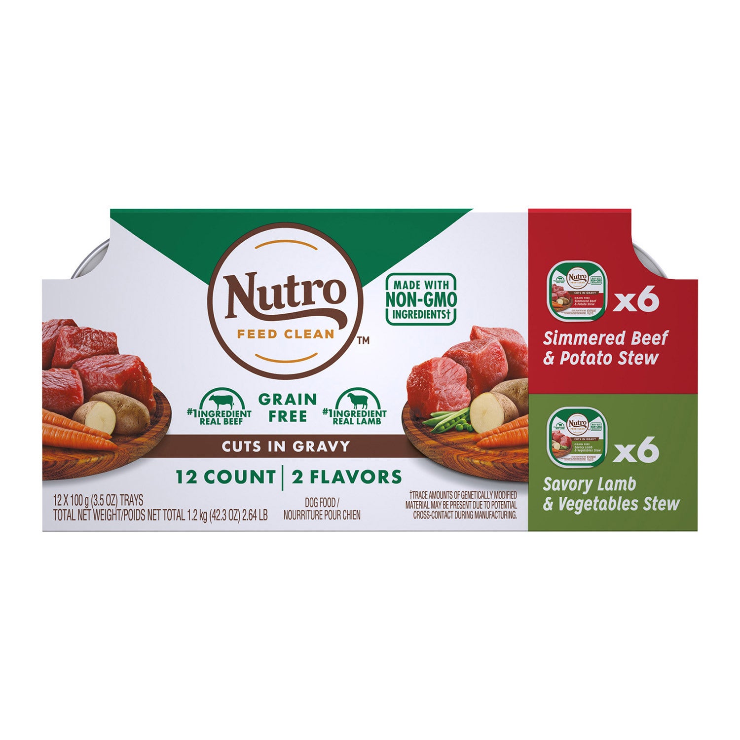 Nutro Grain Free Simmered Beef & Savory Lamb In Gravy Wet Dog Food Variety Pack, 12 3.5Oz Trays
