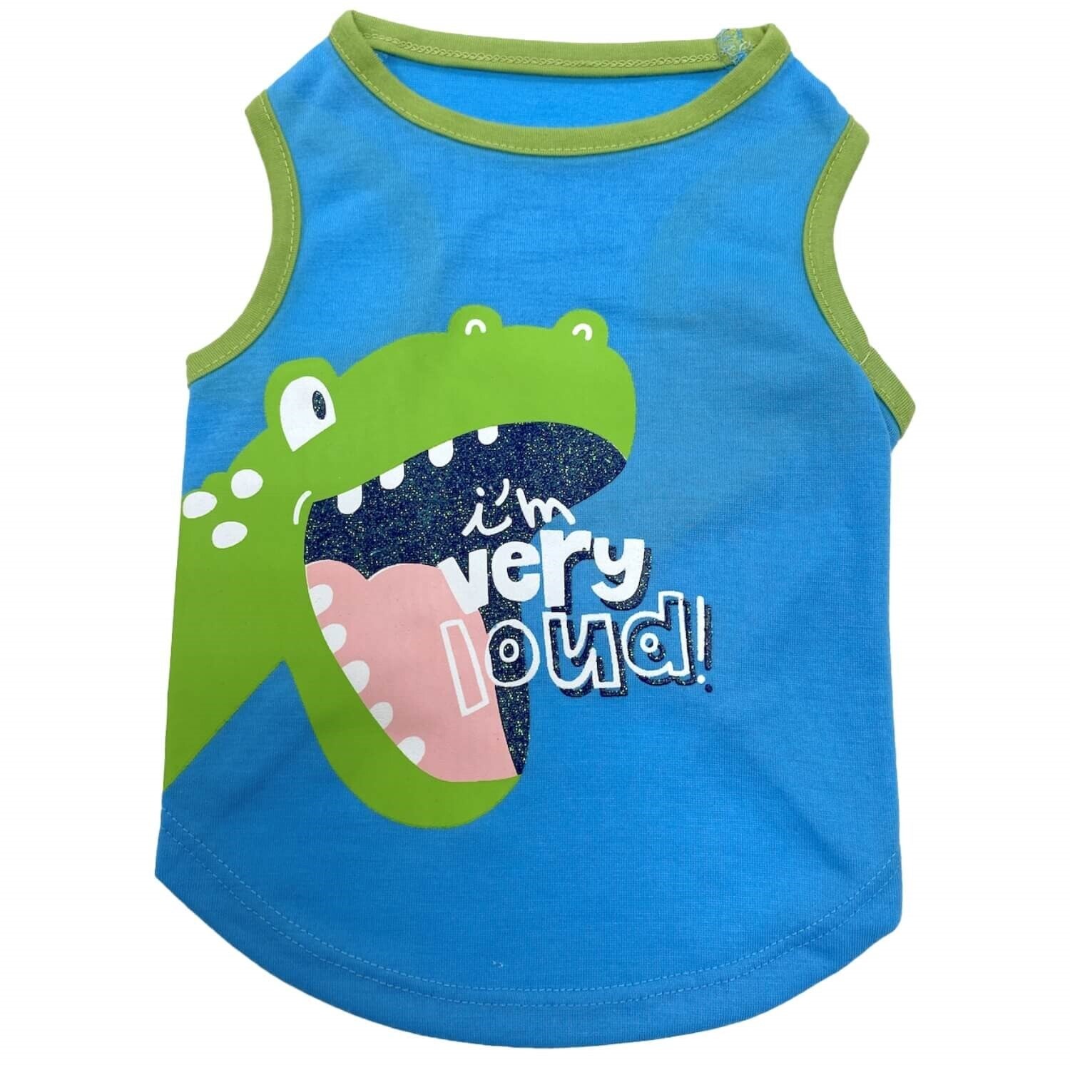 Petrageous Blue & Green Dino I'm Very Loud Dog Tee