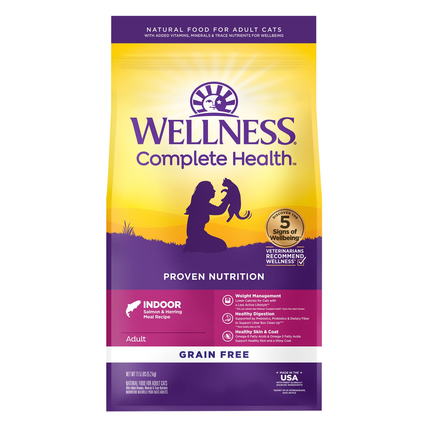 Wellness Complete Health Adult Dry Cat Food For Indoor Cats, Grain Free, Natural, Salmon And Herring Meal, 5.5 Pound Bag