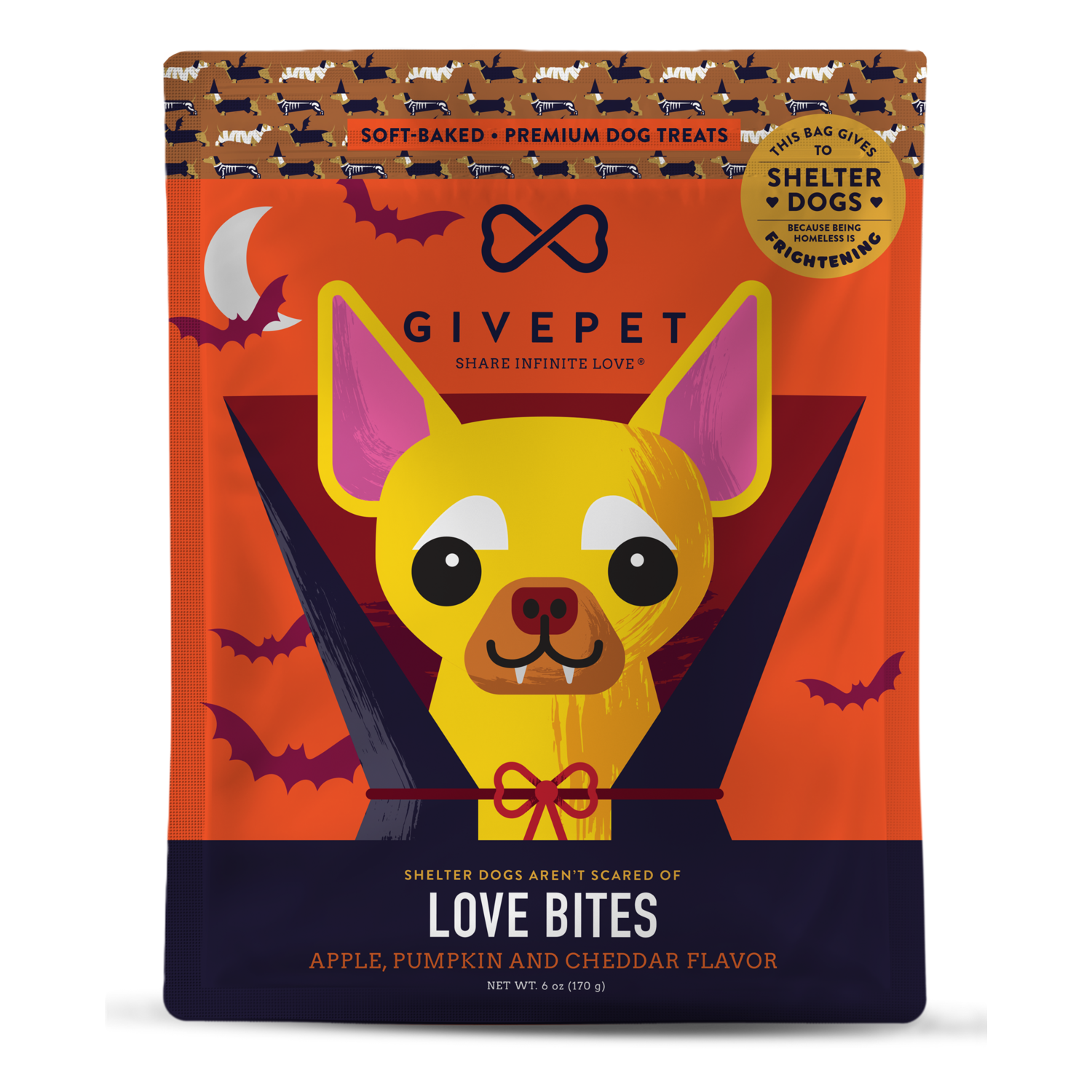 Givepet Love Bites Halloween Soft & Chewy Dog Treats, Apple, Pumpkin & Cheddar Flavor, 6-Oz Bag