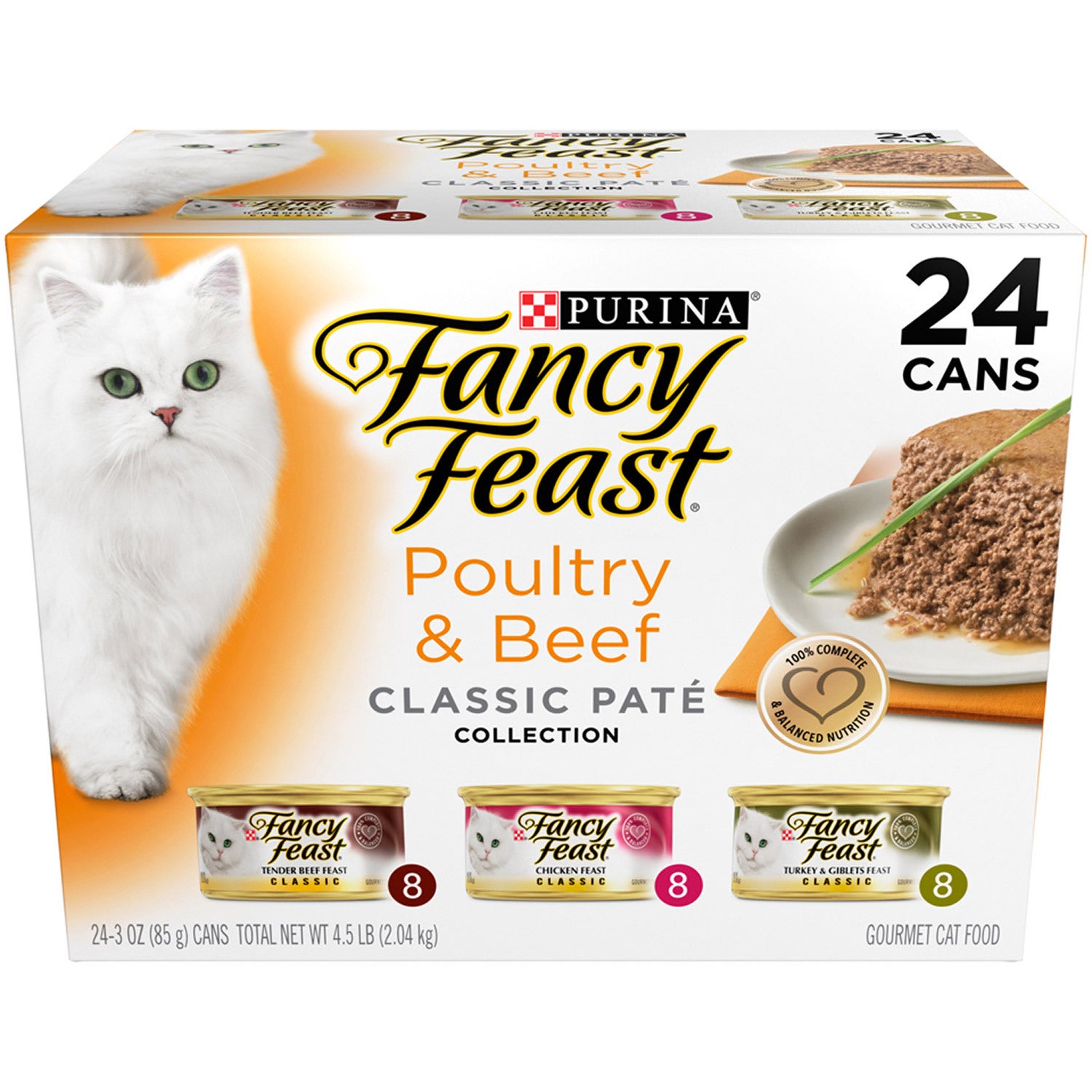 Fancy Feast Purina Classic Paté Variety Pack Chicken, Turkey & Beef Wet Cat Food, 24-3Oz Cans