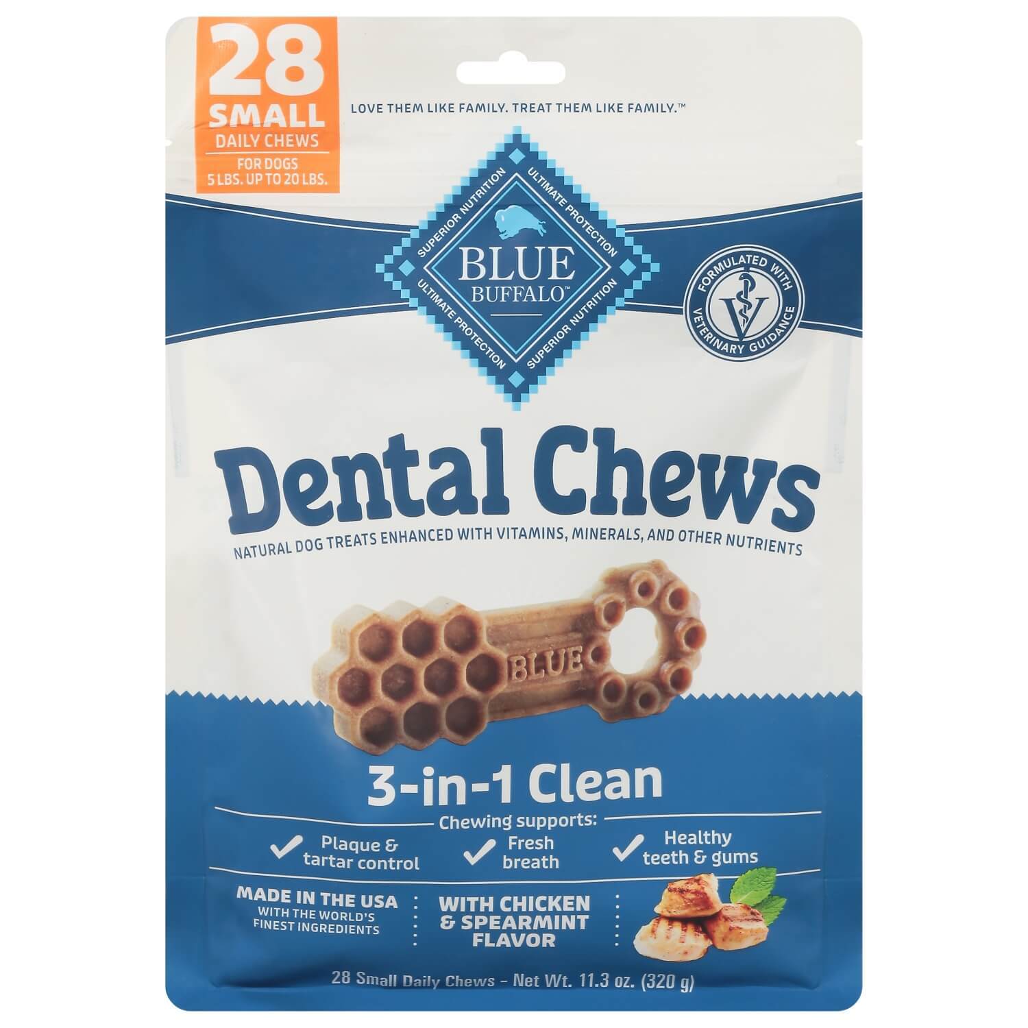Blue Buffalo 3-In-1 Small Sized Dog Dental Chews, Chicken & Spearmint Flavor, 28 Ct