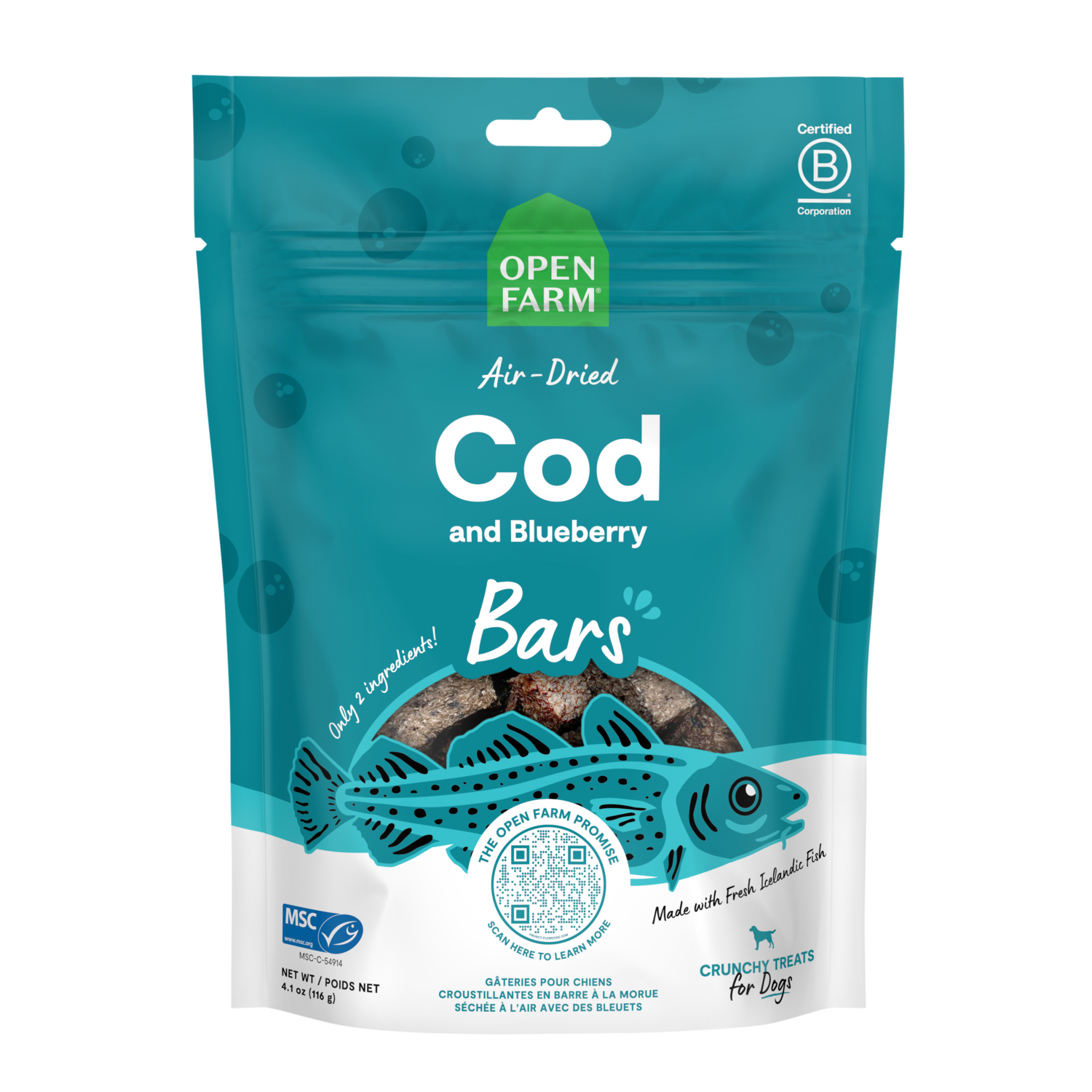 Open Farm Air-Dried Cod And Blueberry Crunchy Bars Dog Treats, 4.1-Oz Bag