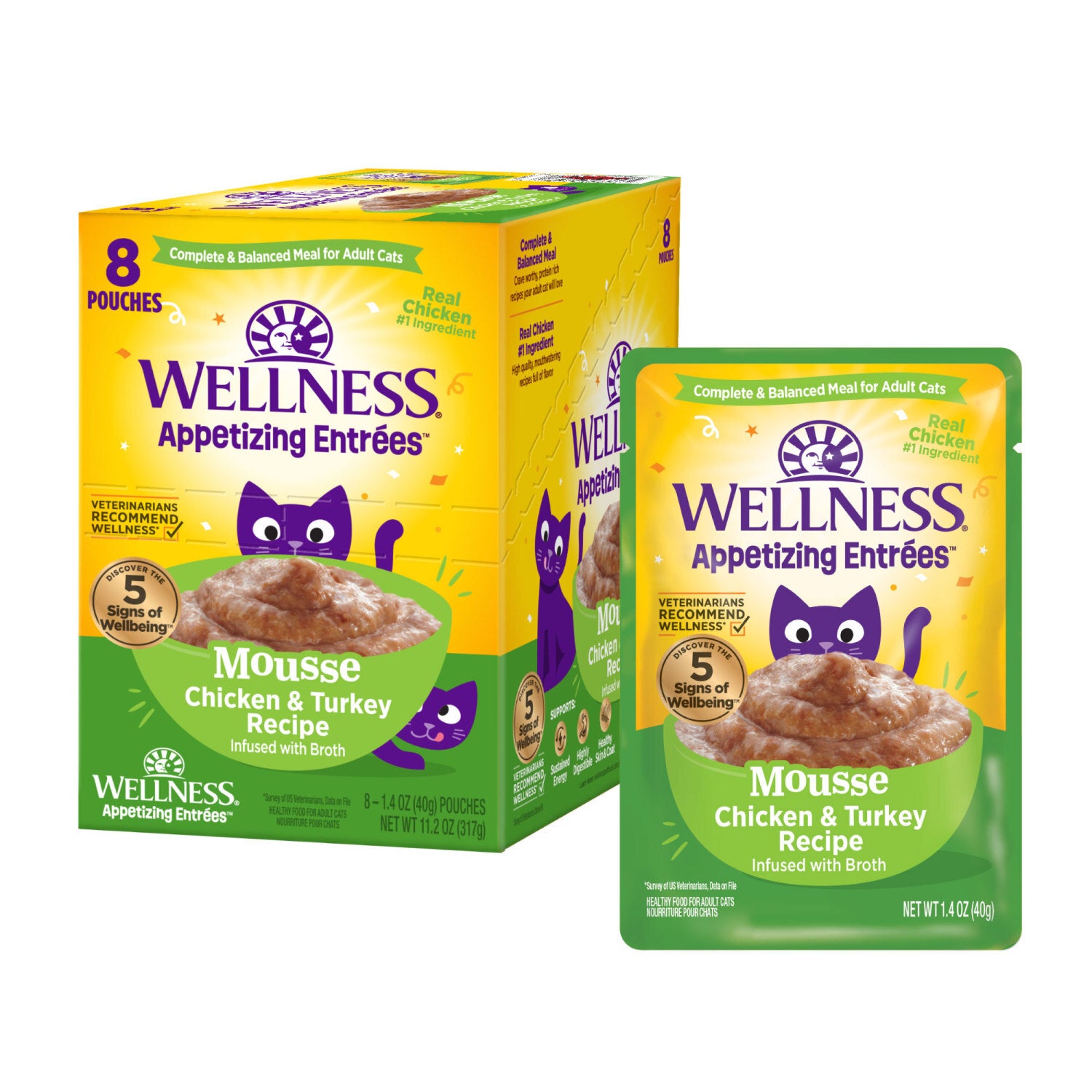 Wellness Appetizing Entrées Mousse Adult Wet Cat Food, Natural, Protein-Rich, Grain Free Chicken & Turkey Recipe, 1.4 Ounce