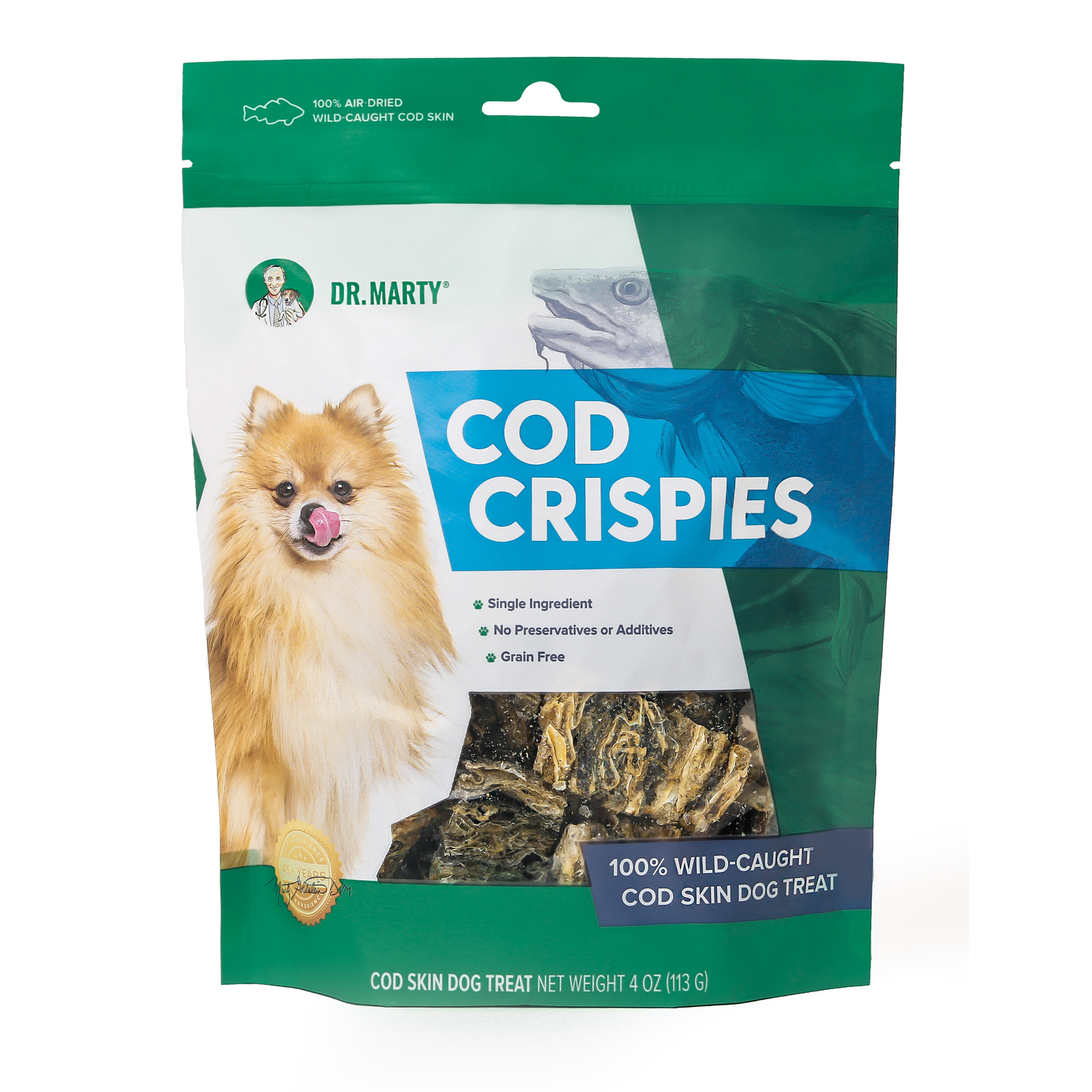 Dr. Marty Air-Dried Cod Skin Crispies Dog Treats, 4-Oz Bag