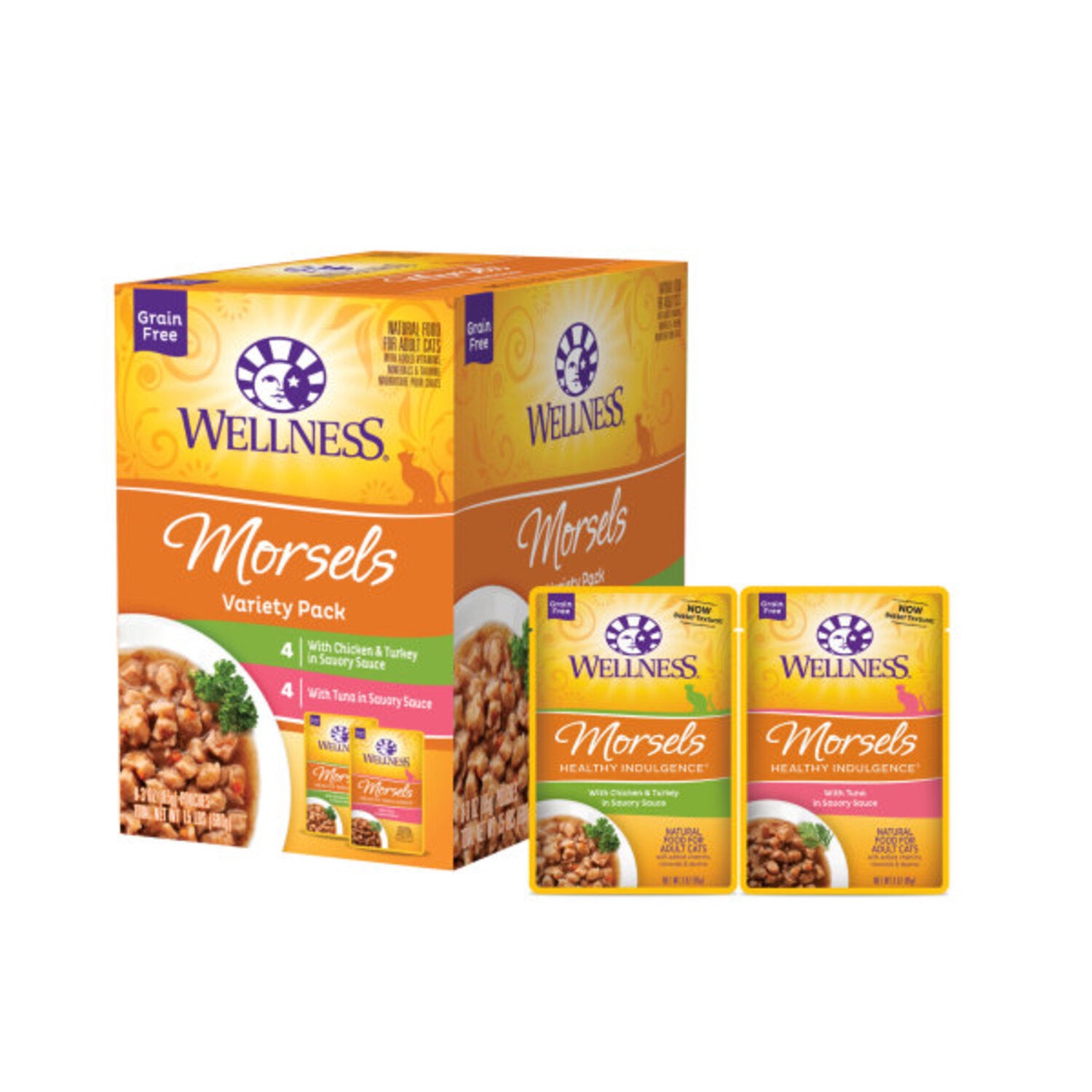 Wellness Healthy Indulgence Morsels Adult Wet Cat Food, Natural, Protein-Rich, Grain-Free Morsels Variety Pack, 3-Oz Pouch 8-Pack