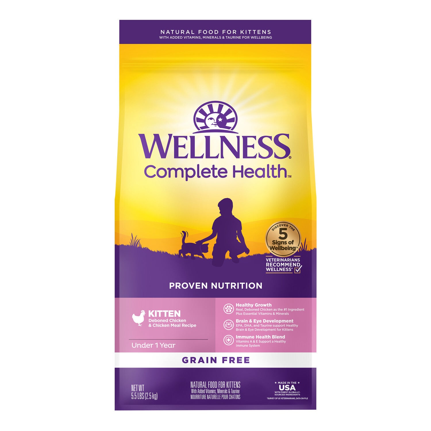 Wellness Complete Health Kitten Dry Cat Food For Indoor And Outdoor Cats, Grain Free, Natural, Chicken & Chicken Meal 5.5 Pound Bag