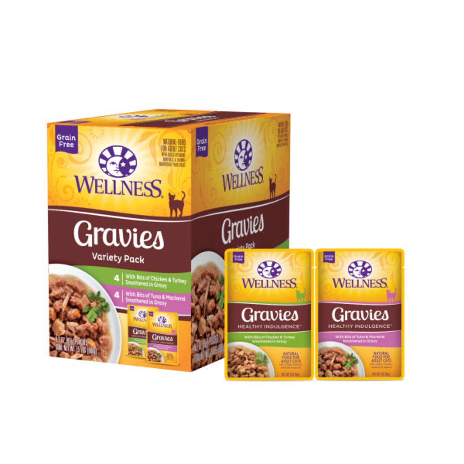 Wellness Healthy Indulgence Gravy Adult Wet Cat Food, Natural, Protein-Rich, Grain-Free, Gravy Variety Pack, 3-Oz Pouch 8-Pack