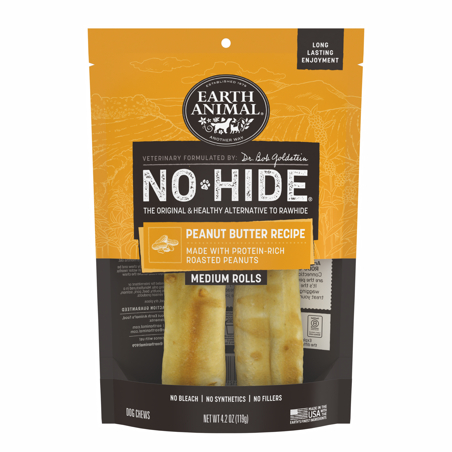 Earth Animal No-Hide Rawhide Alternative Dog Treat Chew, Peanut Butter, 2 Pack, 7